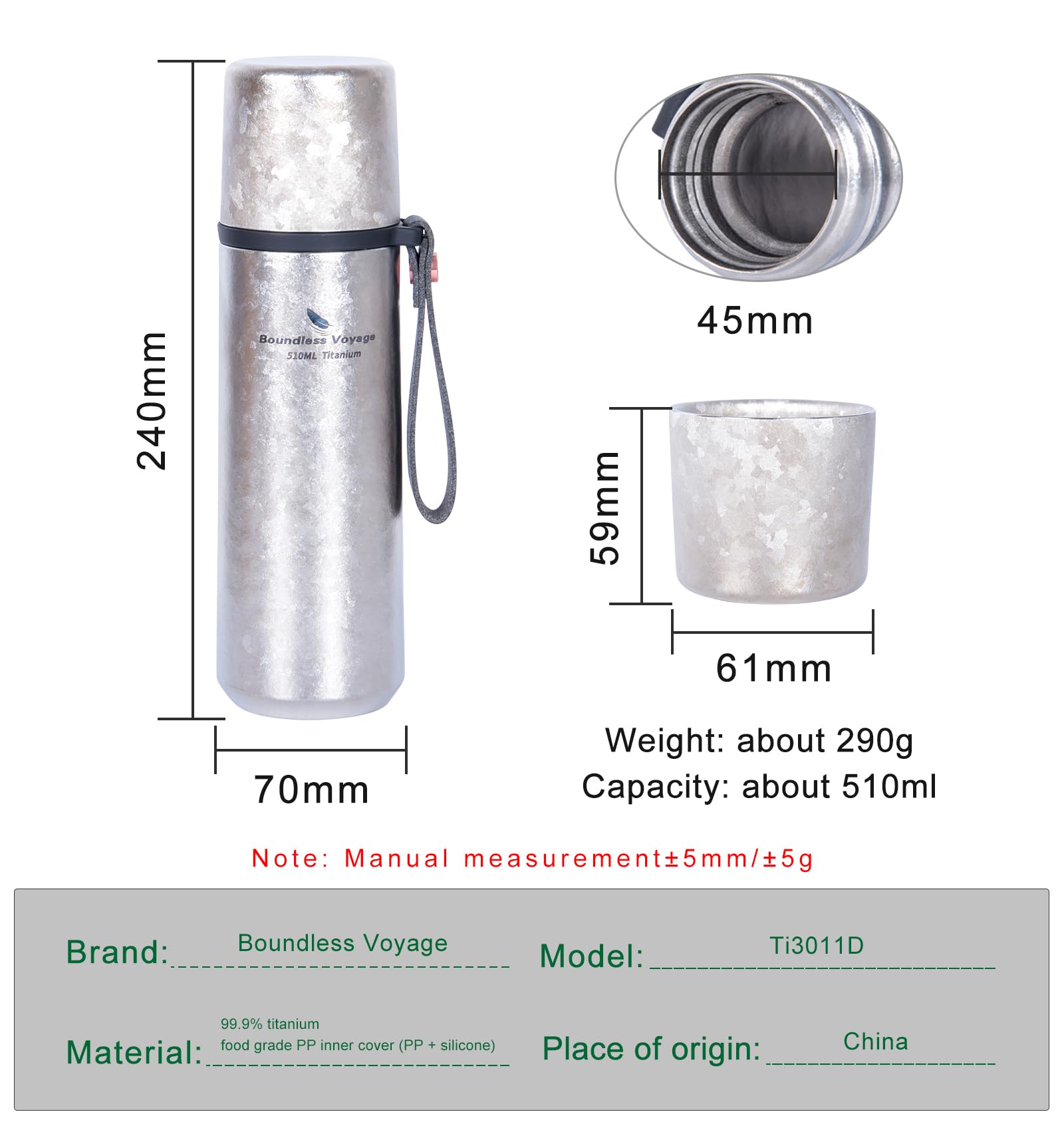 iBasingo Ti3011D Titan Thermos Butelka do picia Butelka izolacyjna Butelka próżniowa Sport Podróż Kubek Kawa Butelka na wodę Metalowa butelka Outdoor Wędrówka Lekki Szczelny Termos Ti3011D