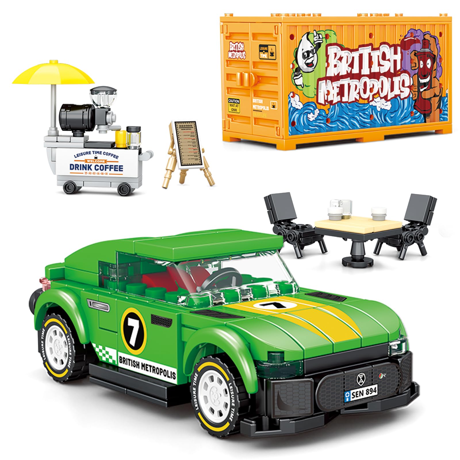 Classic City Street View Building Block Set for Kids Aged 6 7 8 9 10 11 12 Years Old.STEM Construction Toys.with Green Racing Car Model,Container Model,Coffee Vending Machine Modle.