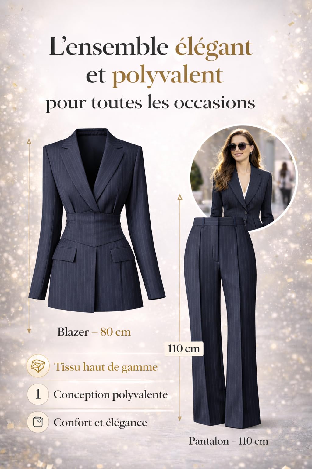Tailleur Femme Élégant 2 Pièces Rayé – Blazer Ceinturé Structuré et Pantalon Large Fluide – Ensemble Chic