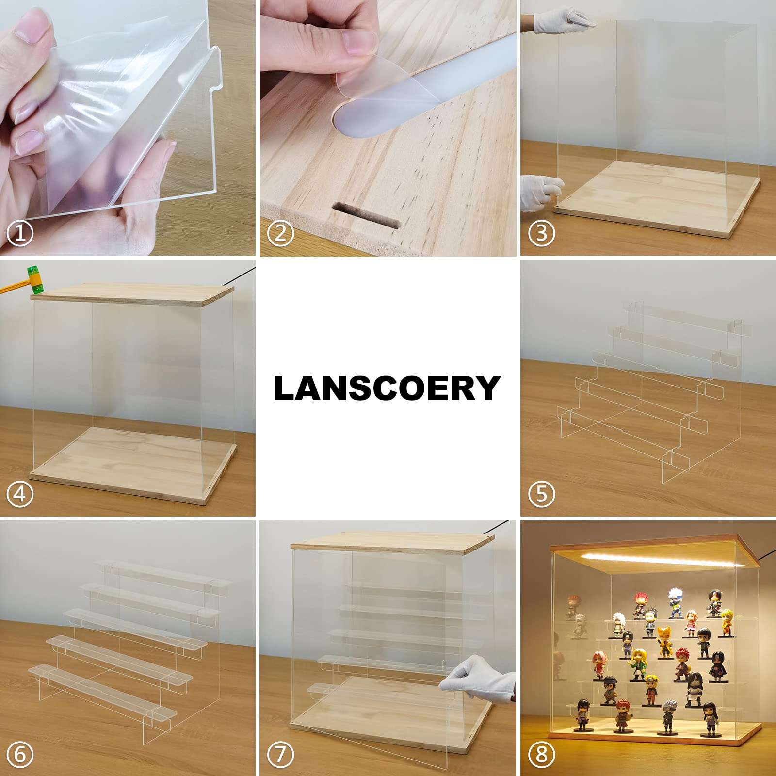 LANSCOERY Clear Acrylic Display Case with Light for Collectibles, 3 Tier Wood Base Assemble Box Countertop Cube Organizer Dustproof Showcase for Action Figures Toys (15.2x6.5x7.5inch; 38.5x16.5x19cm)
