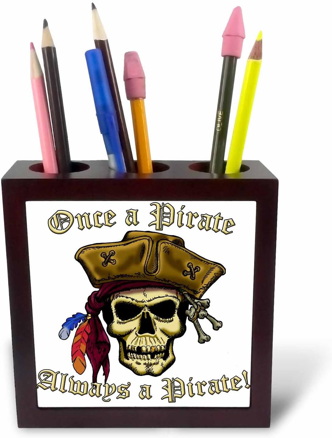 3dRose ph_22840_1 Pirate Skull with Once a Pirate-Tile Pen Holder, 5-Inch