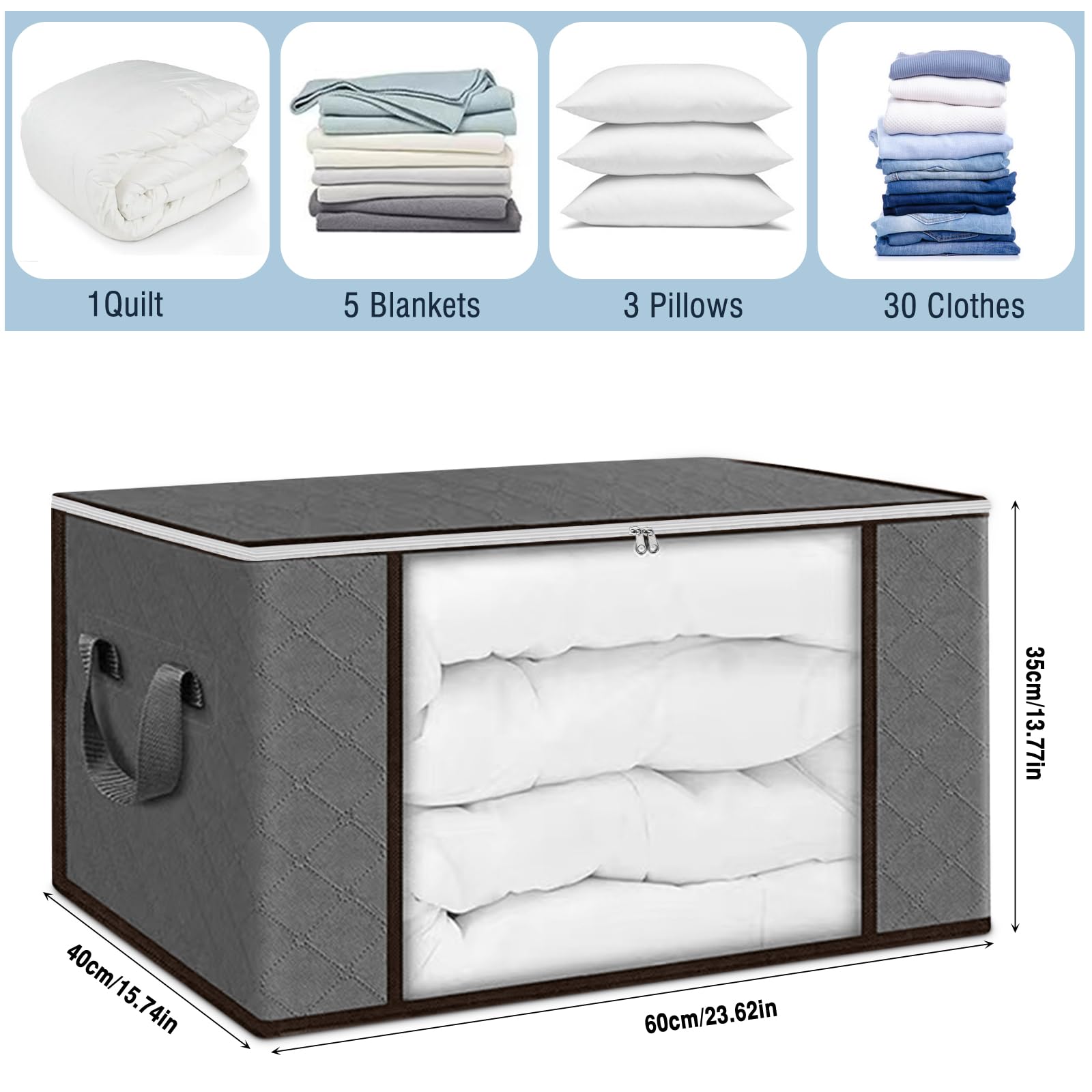 6 Pezzi 90L Scatole per Vestiti, Contenitori per Armadio Salvaspazio Pieghevole con Manico rinforzato Organizer Armadio, contenitori sottoletto per Coperte, Biancheria da Letto, Grigio