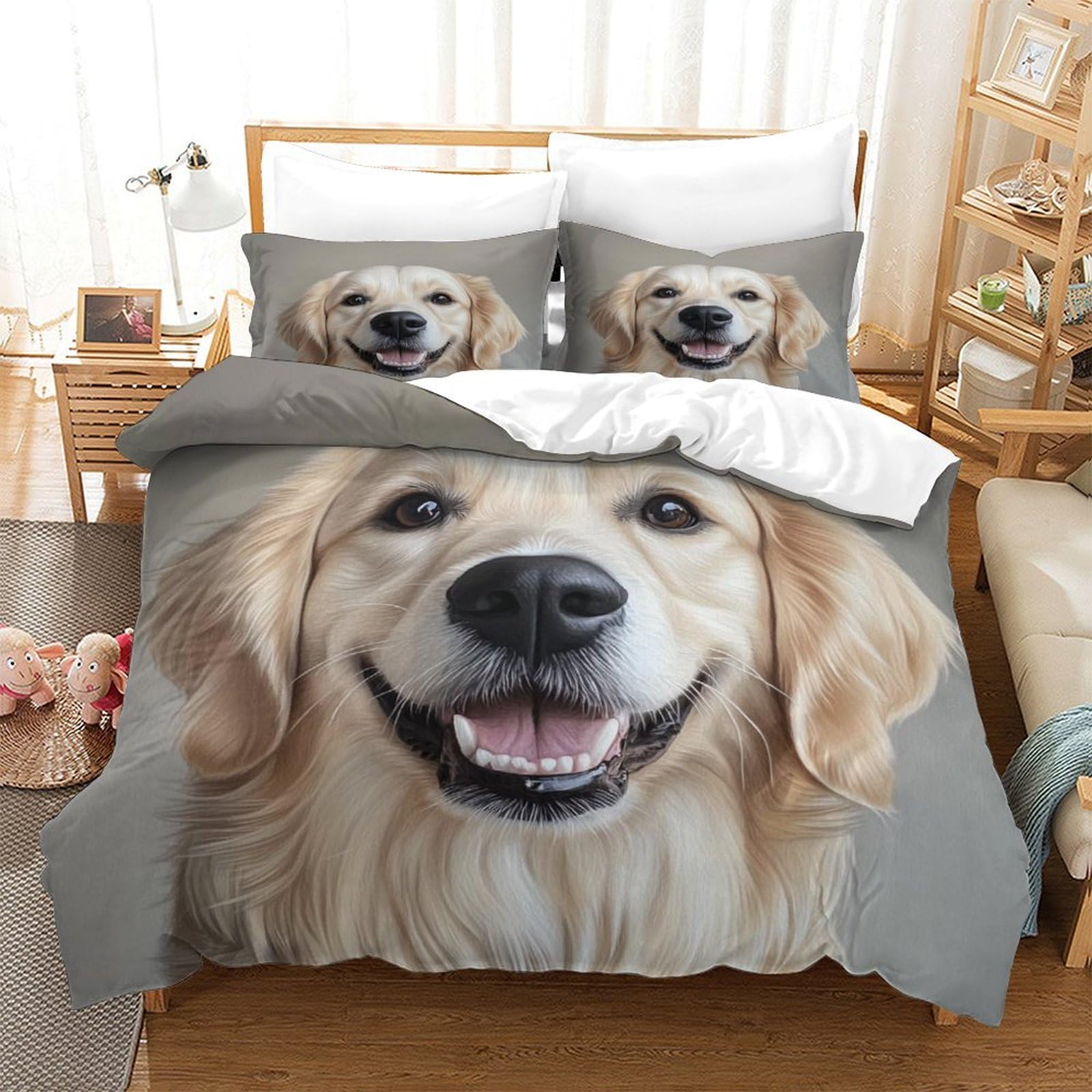 QDZHCPMYK Golden Retriever Duvet Cover Sets 3 PCS Hotel Quality Quilt Cover Bed Sets Bed Covers with Pillowcases with Zipper Closure Ultra Soft Anti Allergic Microfiber Double（200x200cm）