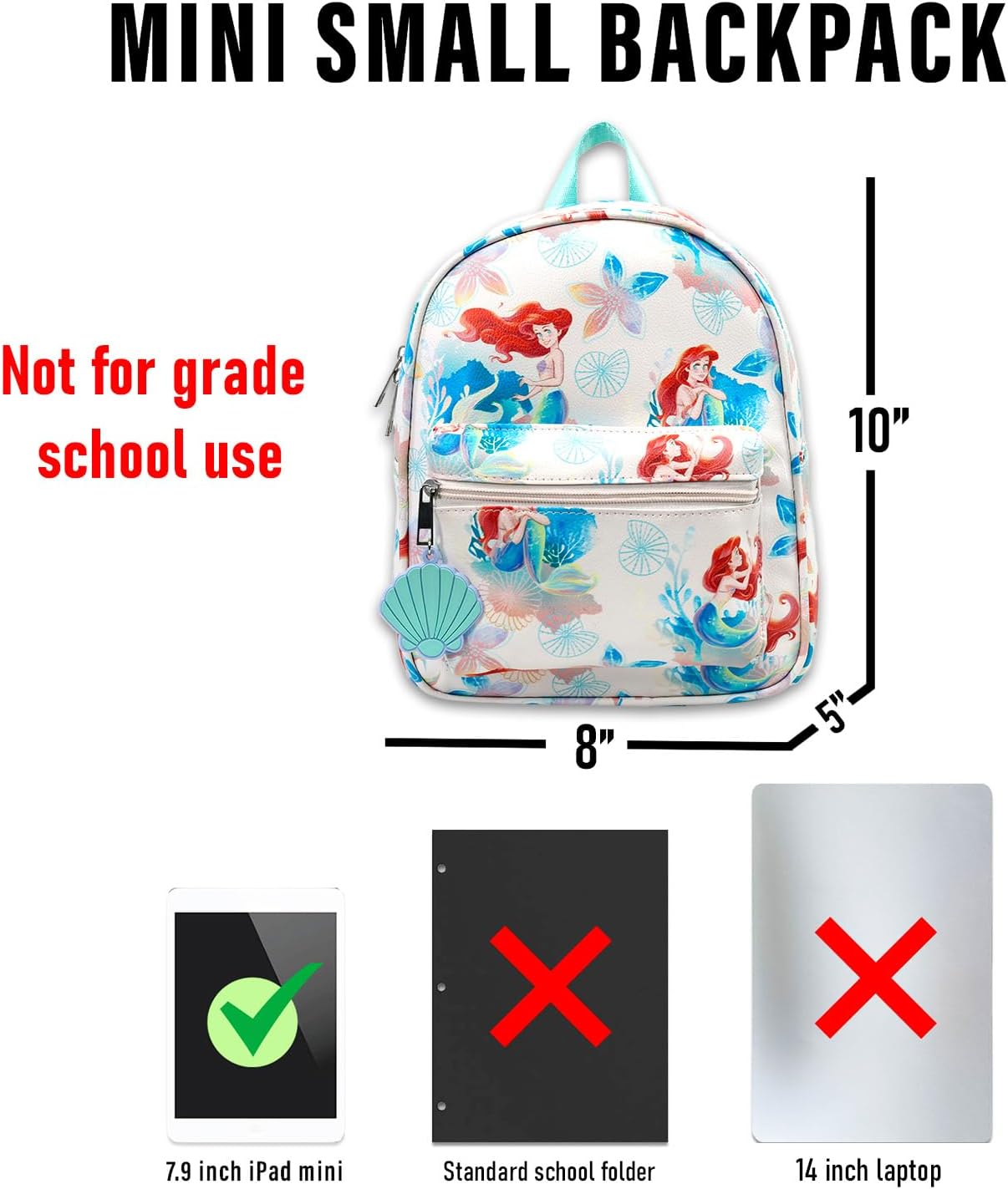Disney Little Mermaid Mini Backpack Set - 10" Faux Leather Ariel Backpack with Front Pocket for Women Plus Water Bottle, Stickers, More | Little Mermaid Backpack Purse Bundle - Image 4