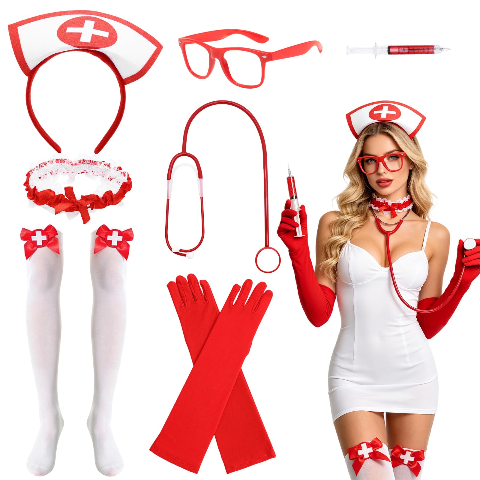 8 Piece Nurse Costume Accessories Set for Women, Red White Classic Nurse Fancy Dress Kit with Headband Gloves Stockings Syringe Garter, Halloween Carnival Hen Party Cosplay Outfit Props for Adults