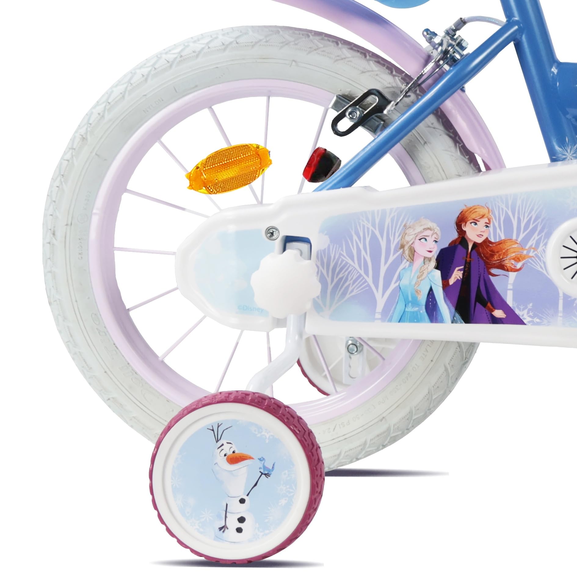 Vélo Reine des Neiges 14'' Fille équipé de 2 Freins Caliper - Roue Libre - Pneus Gonflables - Jantes aciers avec Rayons - Panier Avant - Porte-poupée arrière - Garde-Boue - 2 Stabilisateurs