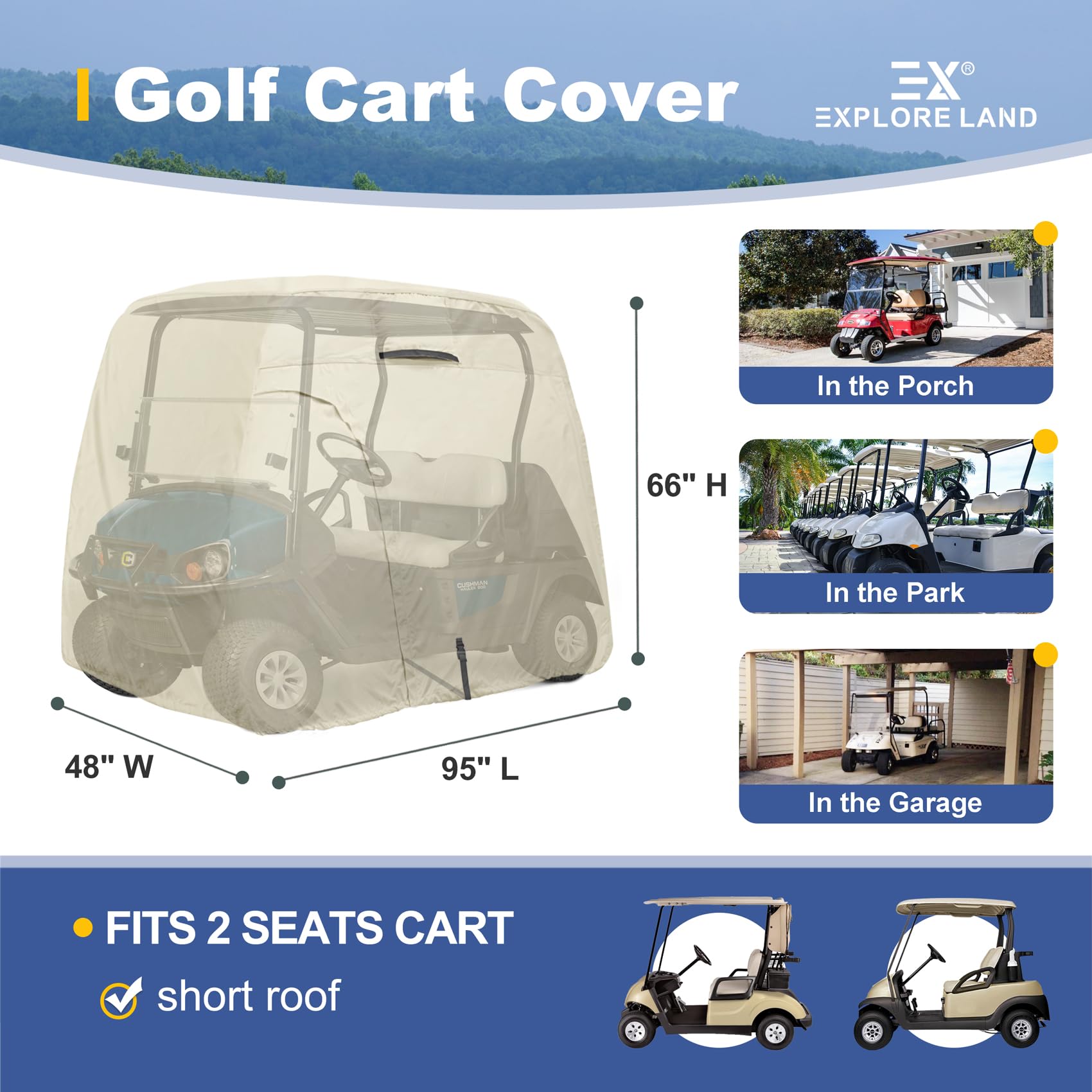 Explore Land Funda impermeable 600D para carrito de golf que se adapta a la mayoría de carritos de golf de 2 pasajeros (bronceado claro)