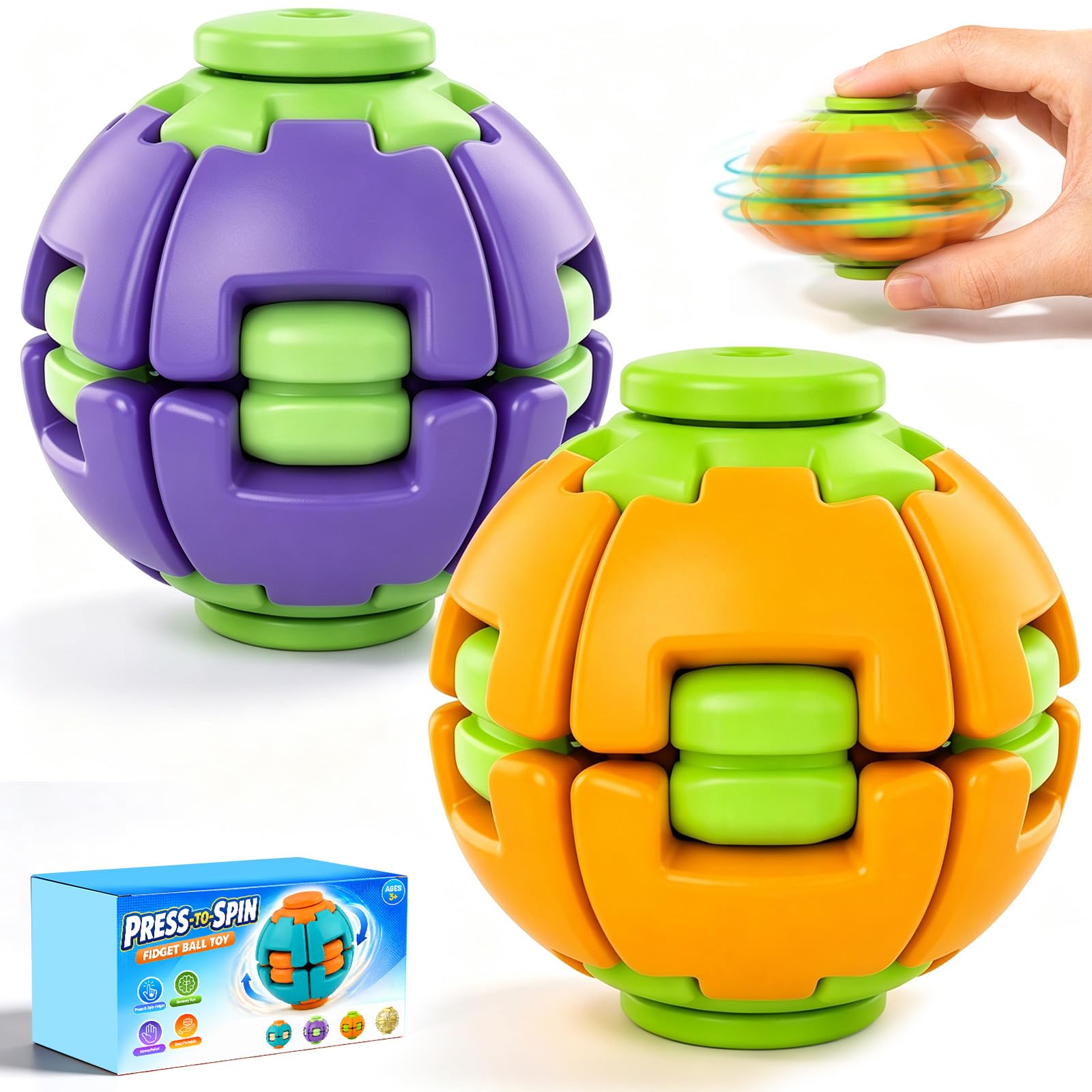 2 Pack Sensory Fidgets Spinner, Press to Spin Fidget Toys Ball for Adults