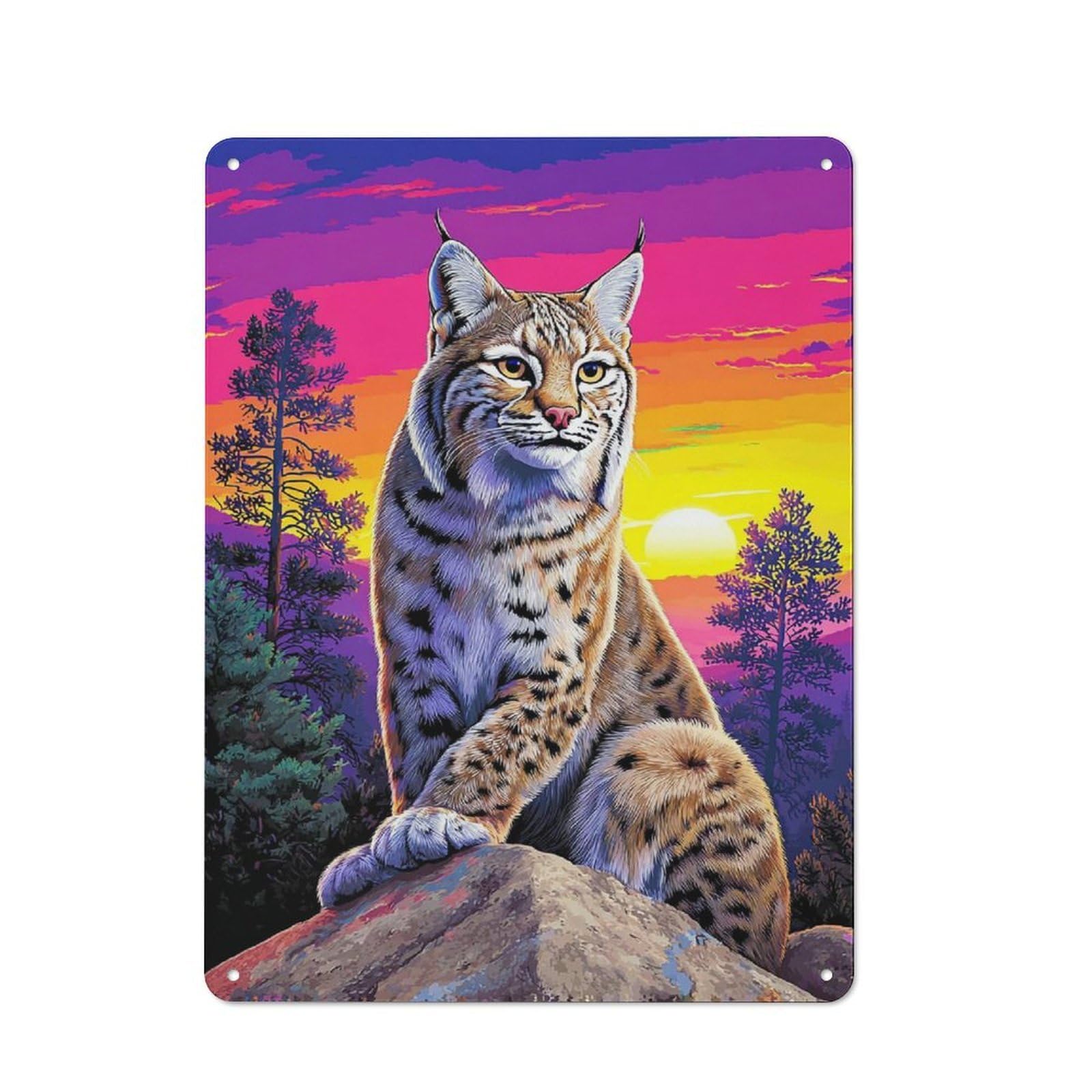 Junmoney Bobcat Sunset Majesty Retro Metal Sign With Design 40X30cm, Distressed Look Retro Room Decor For Living Room, Hallway, Kitchen Or Cafe