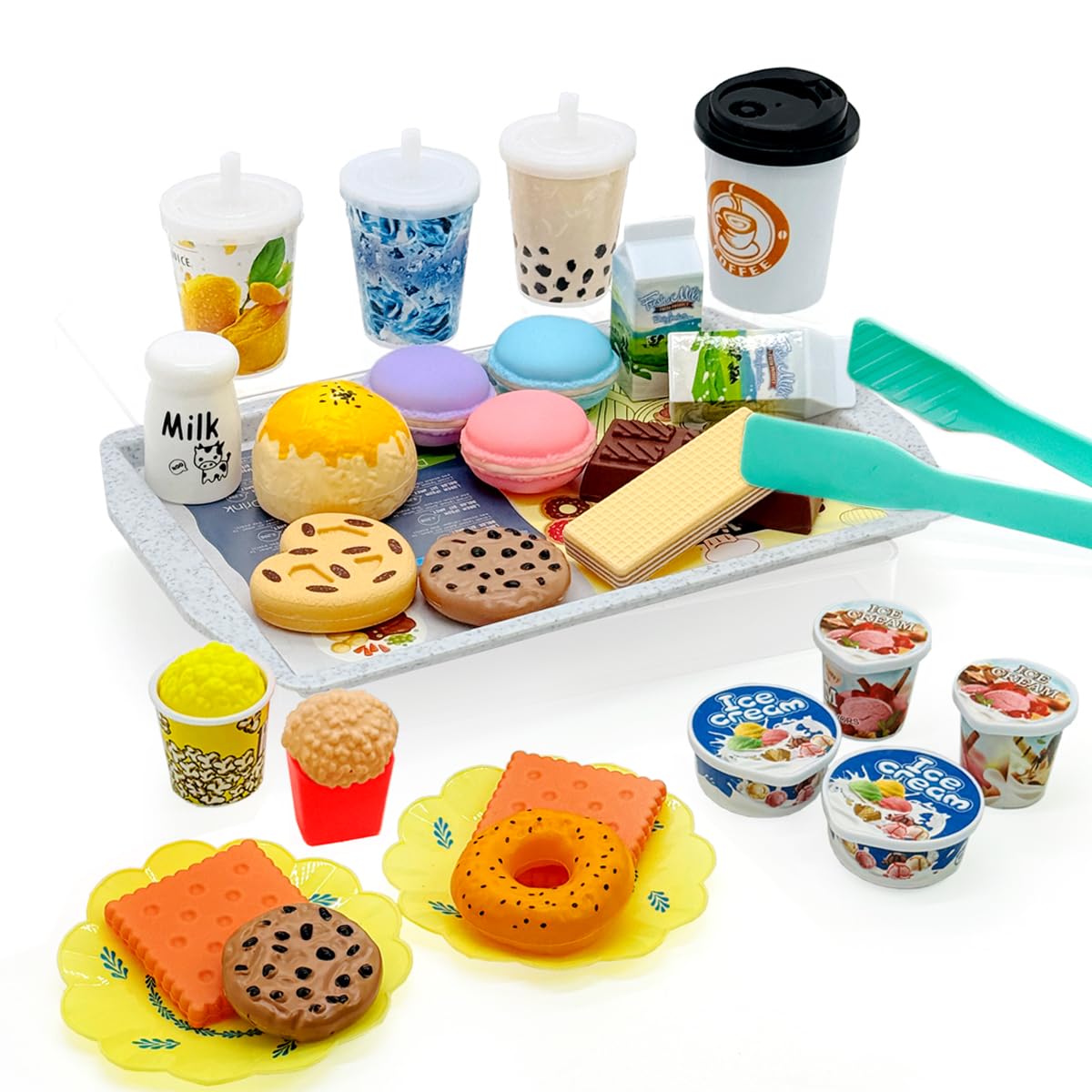 Pretend Play Kitchen Mini Foods Set for Kids Hamburger Fries Noodles Drink with Tray Playset,Play House Kitchen Accessories Role Toys Birthday Gifts for Boys Girls 3 4 5 Yrs (29Pcs Dessert Drinks)