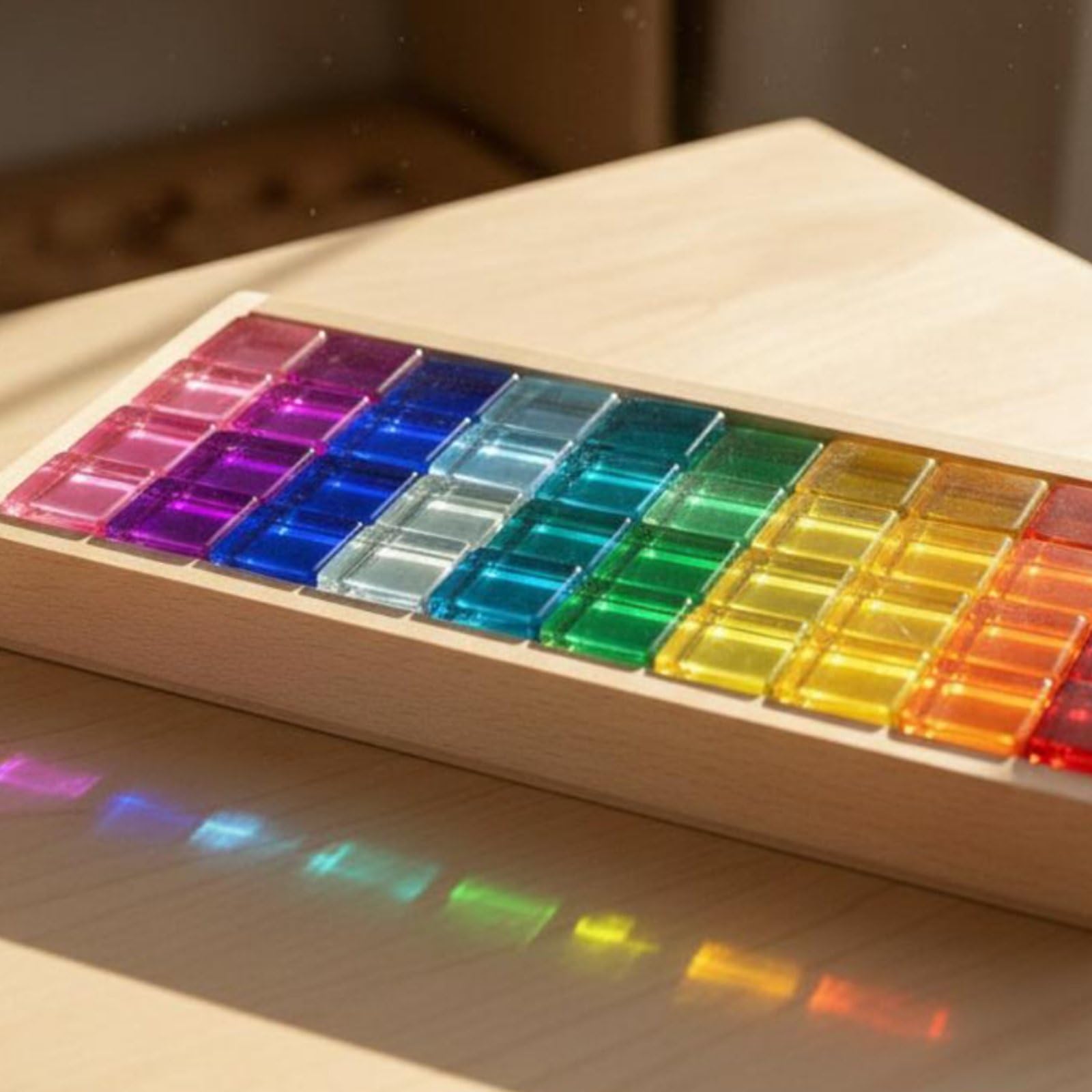 Kinder Bausteine Acryl Bausteine Spielsteine Konstruktionssteine mit Farbintensiven Durchscheinenden Elementen Inklusive Holzbox zur Aufbewahrung, Transparente Kombination 5
