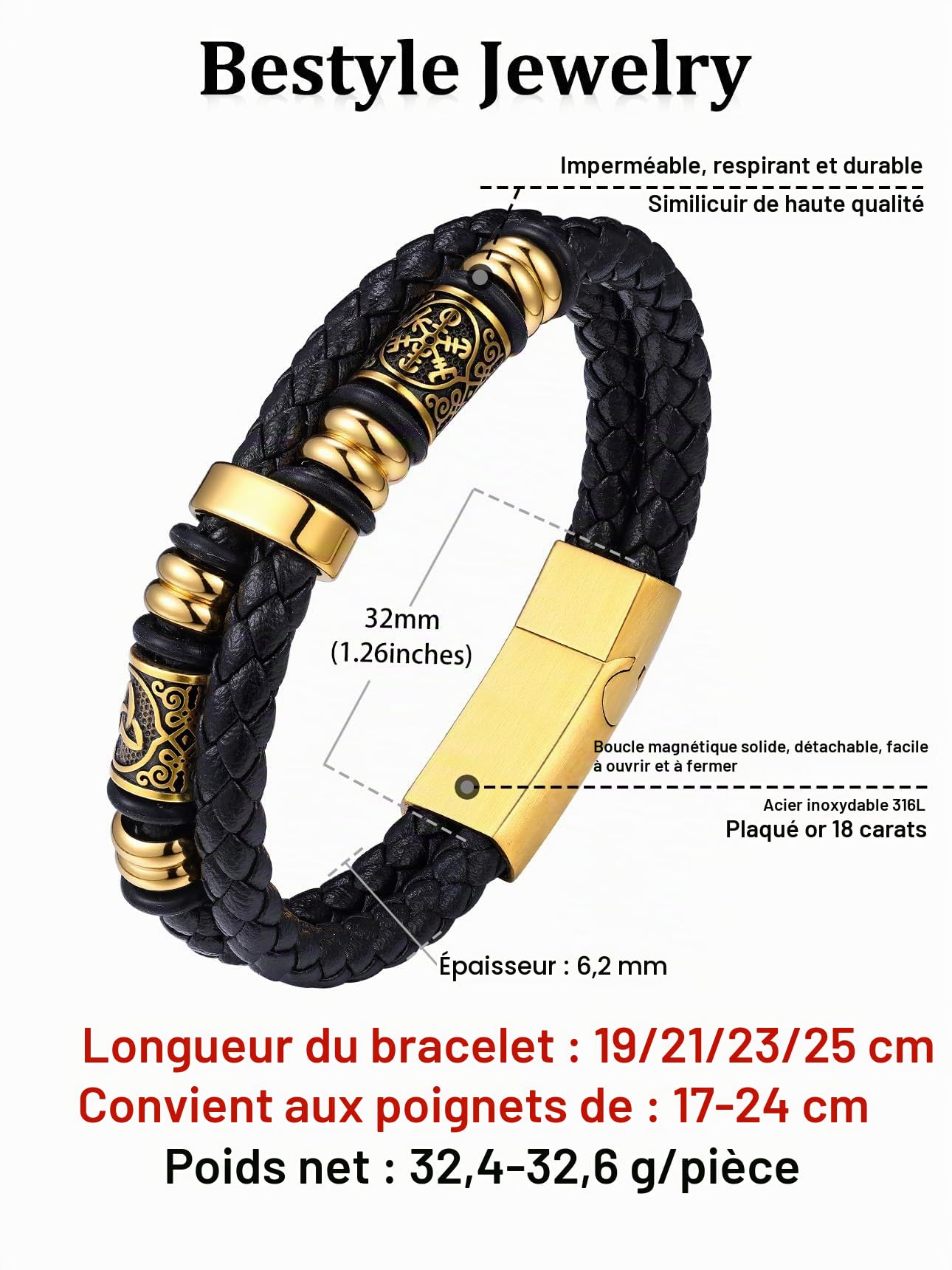 Bestyle Bracelet Homme en Cuir Tressé PU Fermoir Magnétique Taille 17-23cm
