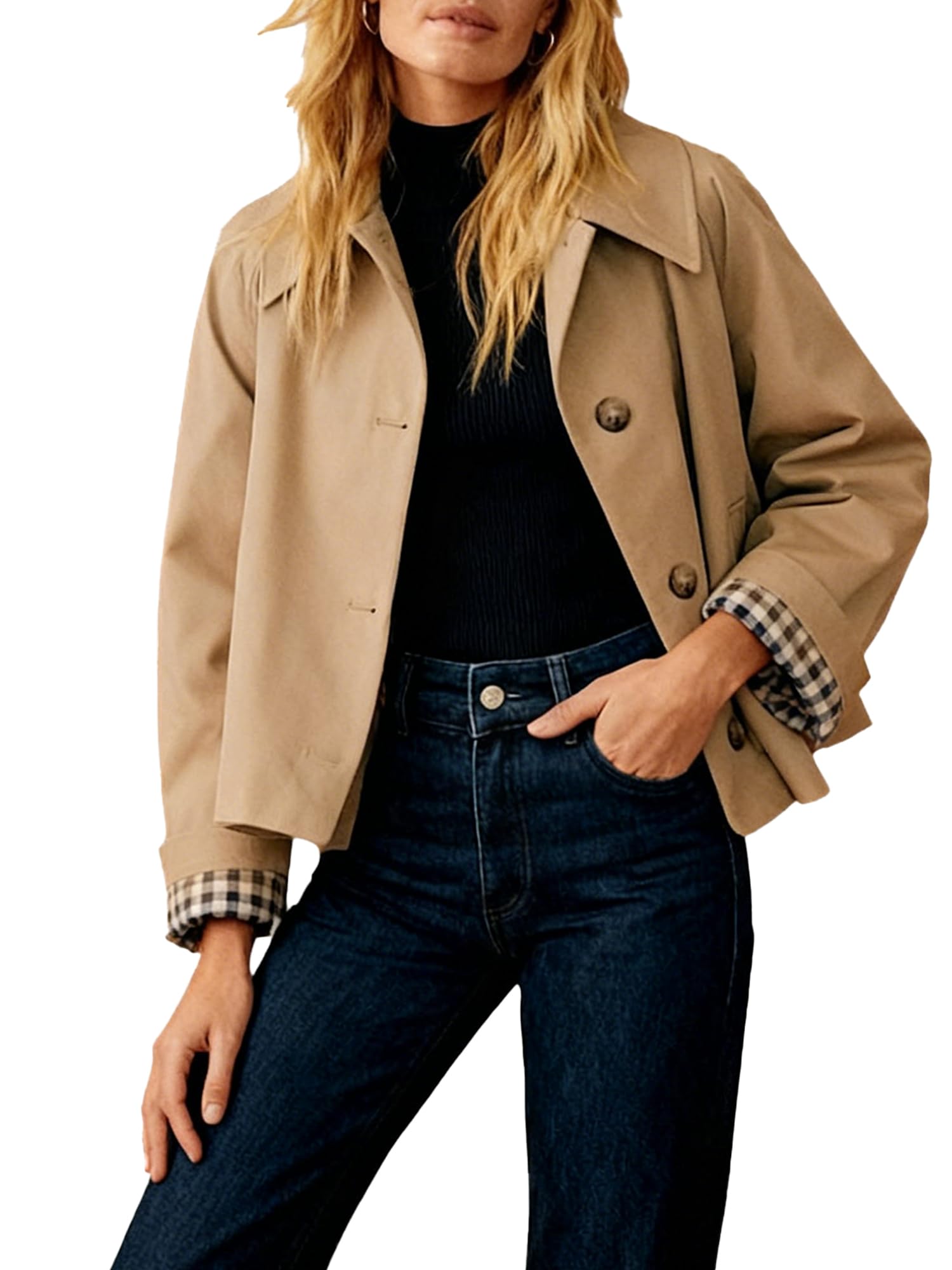Trench court classique à simple boutonnage avec col à revers pour femme pour le printemps et l'automne