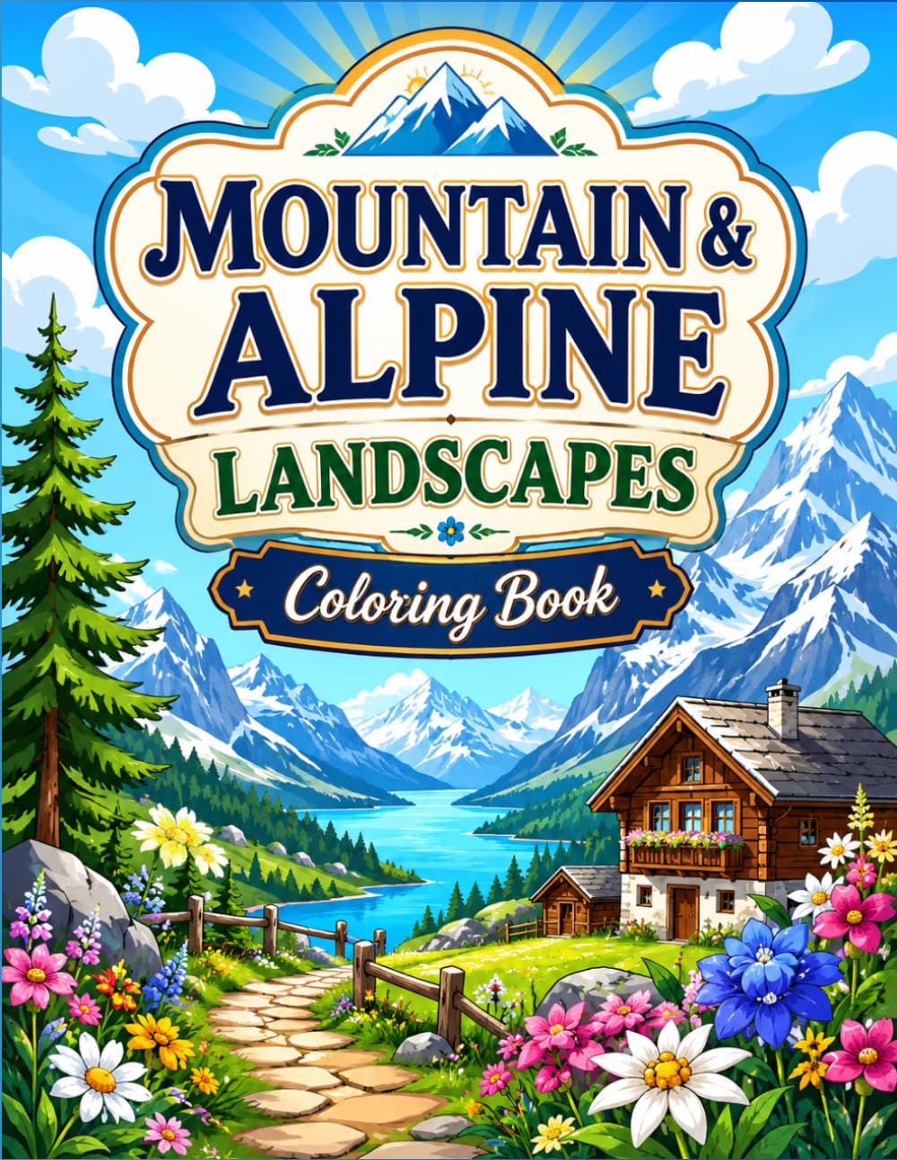 Mountain & Alpine Landscapes Coloring Book: Scenic Peaks, Forest Trails, Mountain Lakes and Cozy Alpine Villages