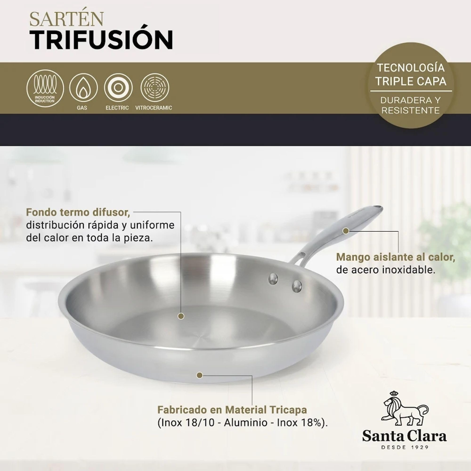 Santa Clara | Juego de Sartenes Acero Inoxidable 18/10 Trifusión 20-26-30 cm, Set de 3 Piezas Sin Revestimiento, Apta para Inducción, Horno, Gas y Vitro, Cocina Saludable y Libre de Tóxicos