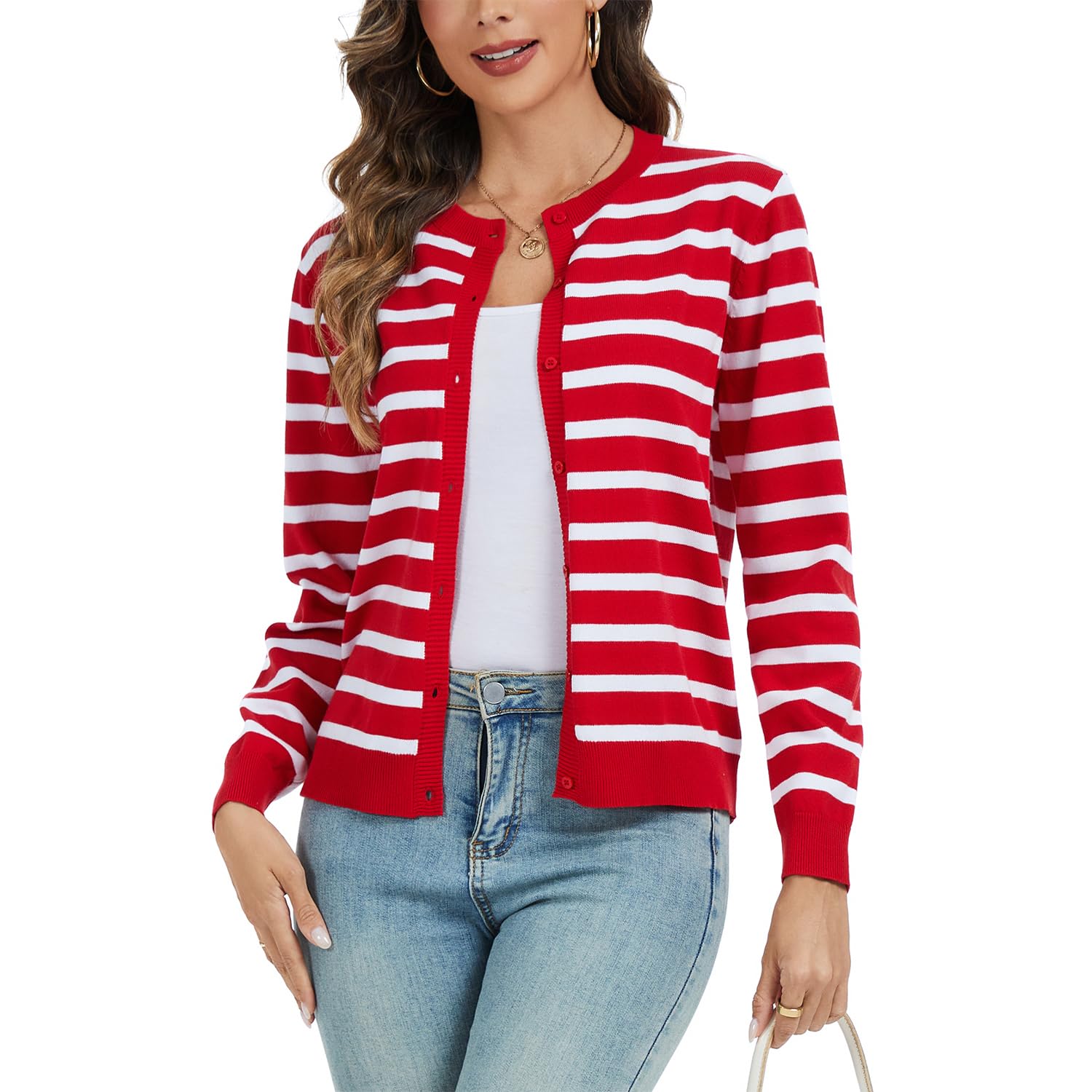 CUNYI Cardigan de Punto para Mujer Rebeca Cuello Redondo Clásico Manga Larga Chaqueta de Mujer con Botones Abrigo Elegante, Rojo y Blanco S