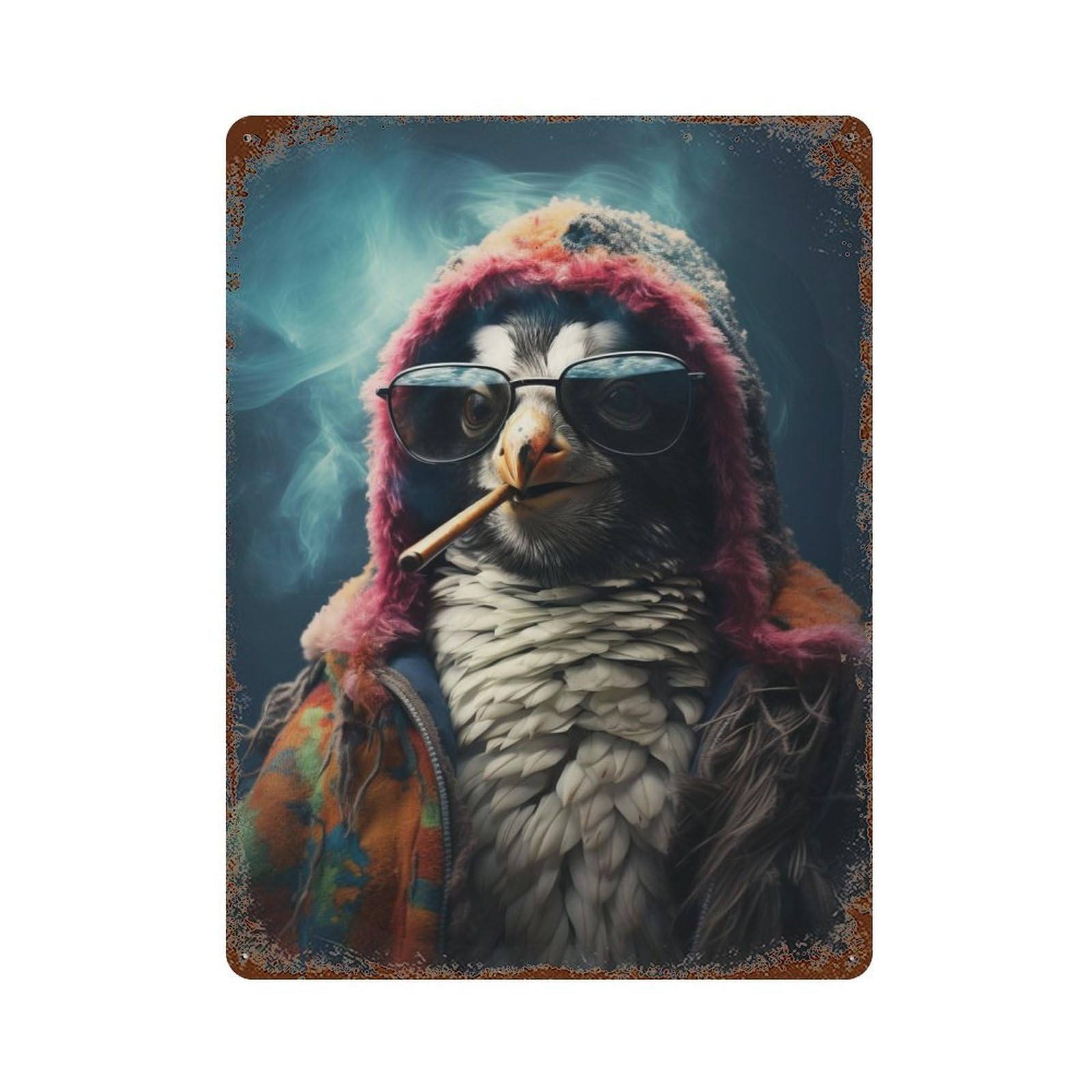 Hippie Penguin Smoking Retro Metal Sign 15.7"x11.8", Classic Wall Plaque for Garage, Pub Or Kitchen