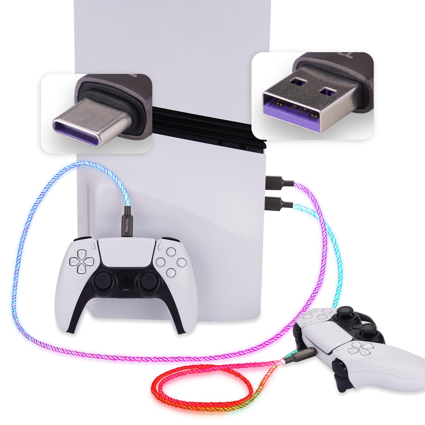 playvital 2PCS LED Câble Manette pour ps5/Xbox Series X S/Xbox Core/Elite Series 2/Switch 2 Pro,1M Câble de Charge Lumineux,USB vers Type-C