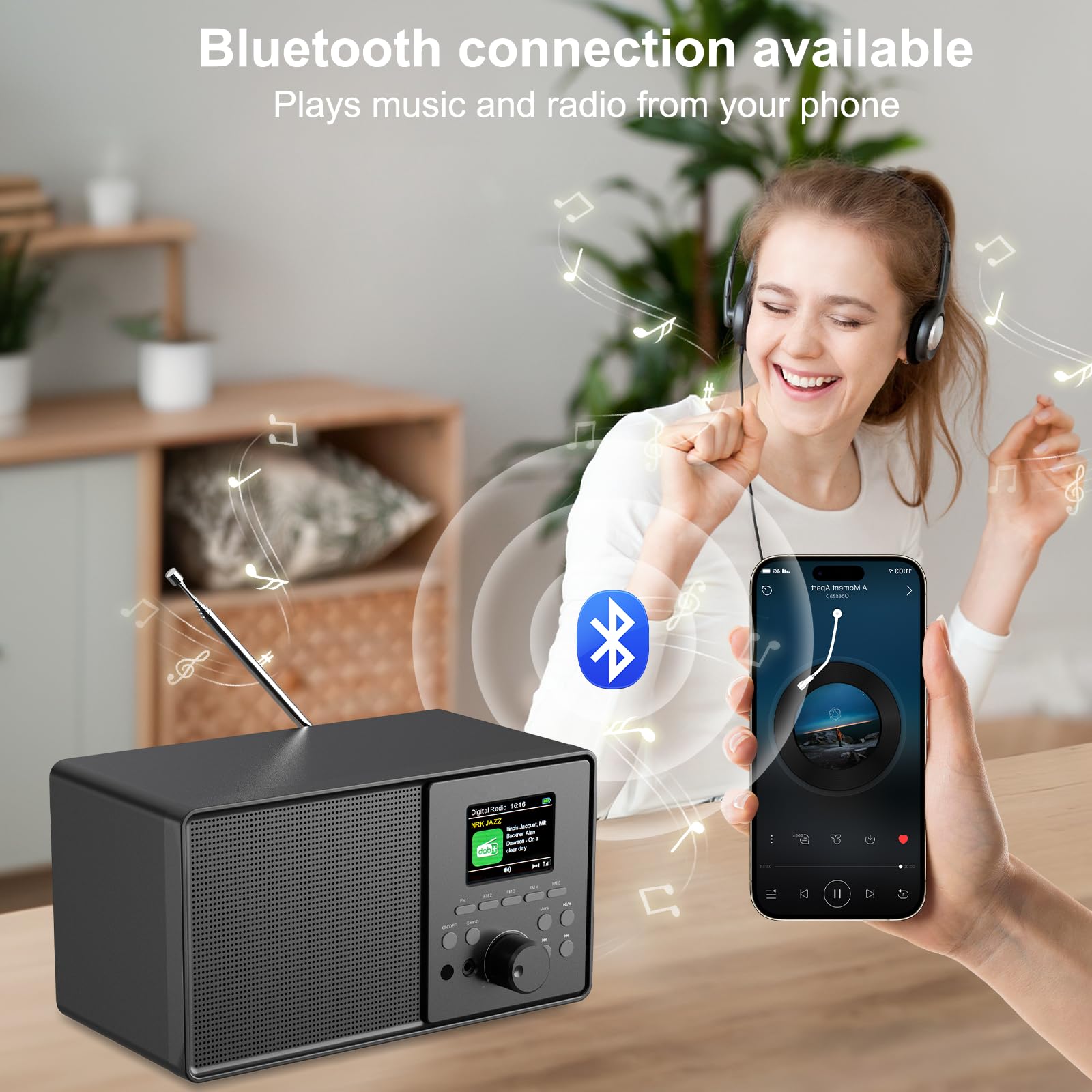 Radio Numérique Dab/Dab+ FM, Radio Nostalgie Retro avec Écran Couleur 2,4, Bluetooth, USB/AUX, Télécommande, Radio Cuisine Réveil Double Réveil, Minuterie Veille, 60 Mémoires Stations (Noir)