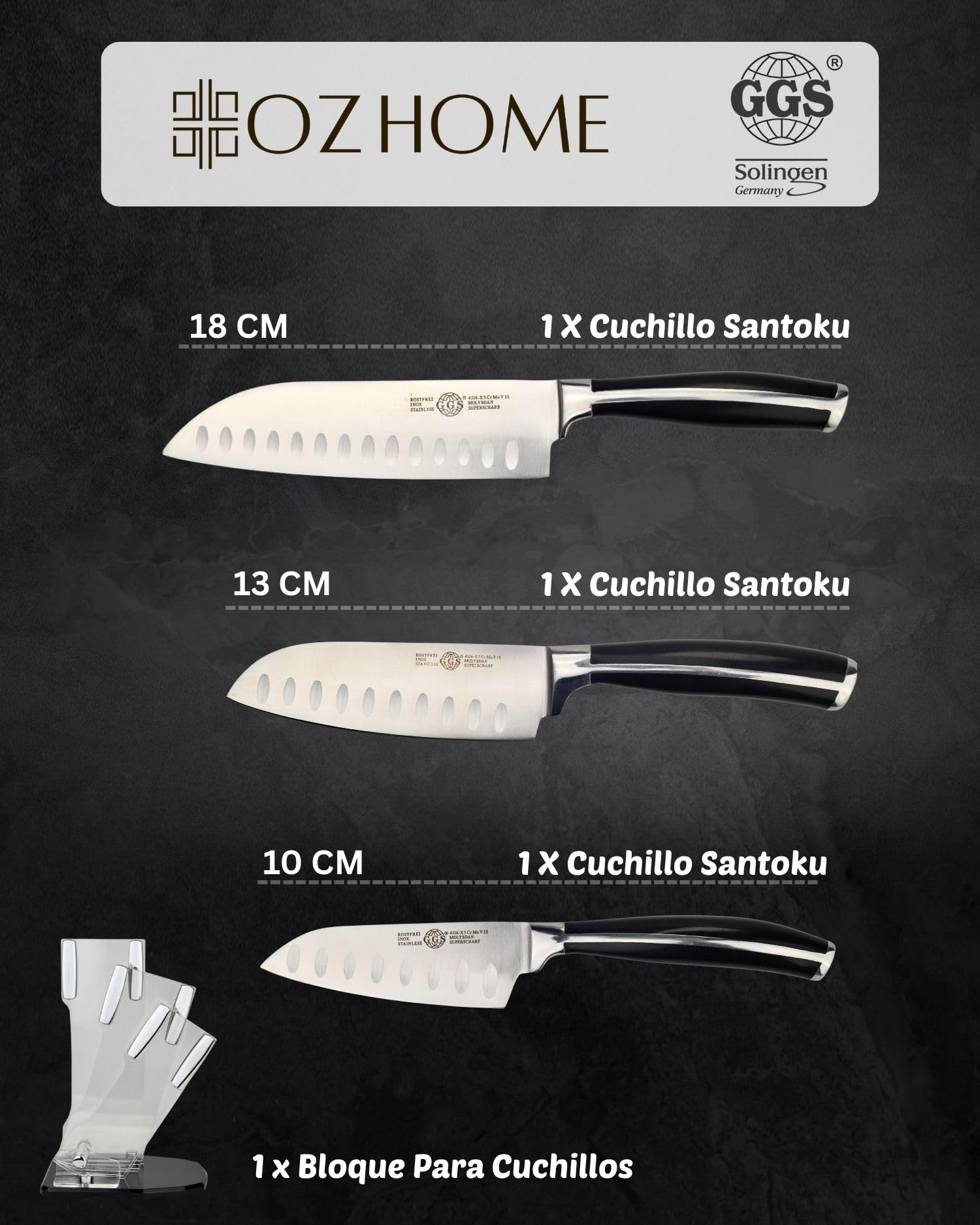 GGS Collection Home And Kitchen Juego De Cuchillos De Cocina Santoku 4 Piezas Con Bloque,Cuchillos Cocina De Utensilios De Cocina Acero Inoxidable Templado Especial,Solingen Standard,Accesorios Cocina