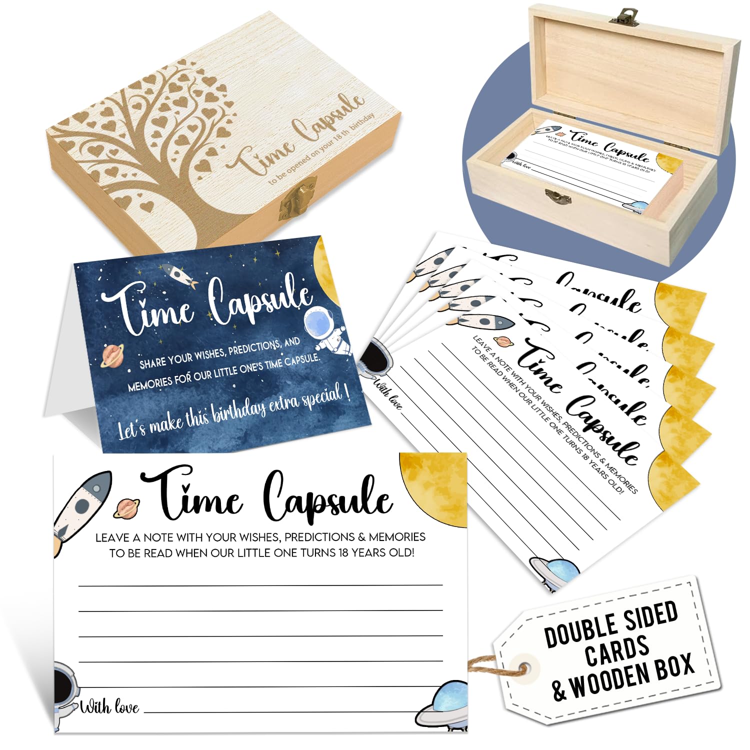 EMNAPH Time Capsule Box for 1st Birthday - Baby's First Birthday Keepsake Kit with 50 Pcs Space Party Games Cards, Child-Suitable - Time Capsule Cards Memory Box Gift (Letters to Open at 18) -A01
