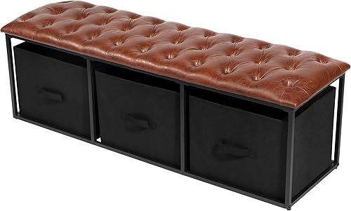 Miniatura 8 de Cozy Castle Large Faux Leather Upholstered Bench 52-Inch Dining Room Bench with Storage Shelf Brown