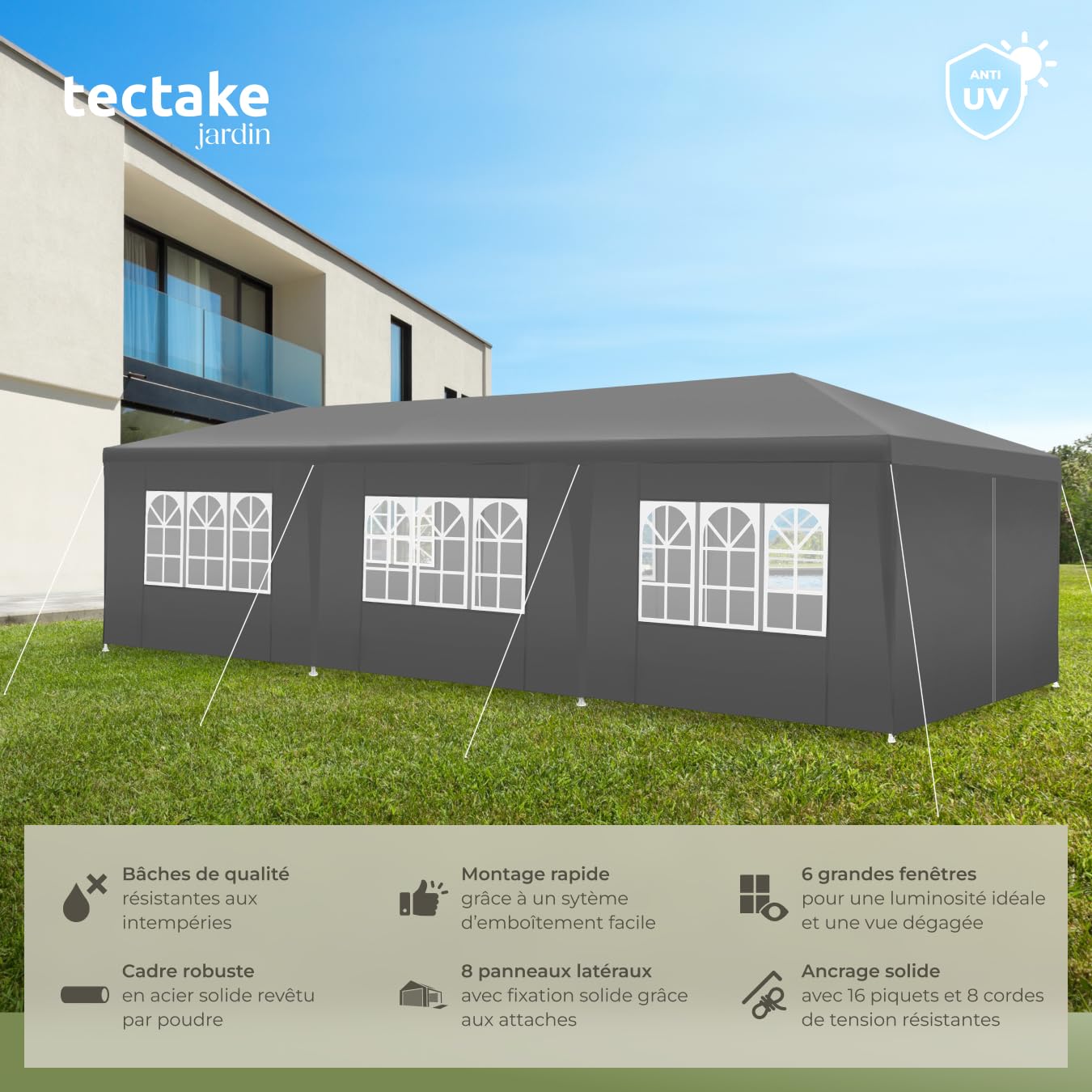 tectake® Tonnelle de Jardin Exterieur Tente de Reception 9x3m Protection UV 30+, Barnum Chapiteau Gazebo Pavillon de Jardin, résistant à l'eau avec Parois Amovibles, Cadre Robuste en Acier époxy