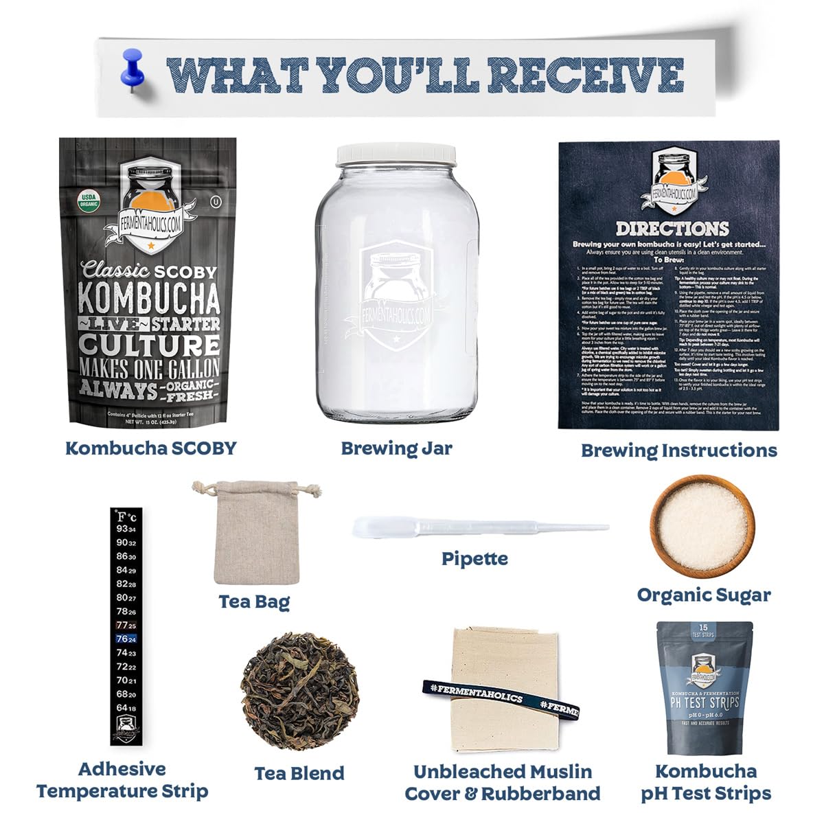 Fermentaholics Kompletny zestaw startowy Kombucha do zaparzania: Live Kombucha Scoby- fermentowany starter szklanka do herbaty do zaparzania cukru i herbaty-instrukcje i przepisy + więcej! Nie dotyczy