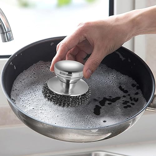 Miniatura 7 de Onewly 2Pack Juego de estropajos de lana de acero, estropajo de acero inoxidable con mango de acero inoxidable, para limpieza de platos, hierro