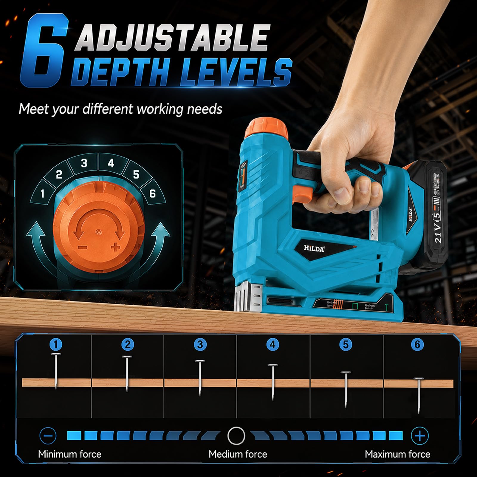 Agrafeuse/Cloueuse Electrique 2 en 1, 21V Cloueuse Sans Fil avec Batterie | Cloueuse Electrique Sans Fil avec 1000 Clous et 1000 Agrafes, 6 Profondeur Réglable pour Bois, Bricolage