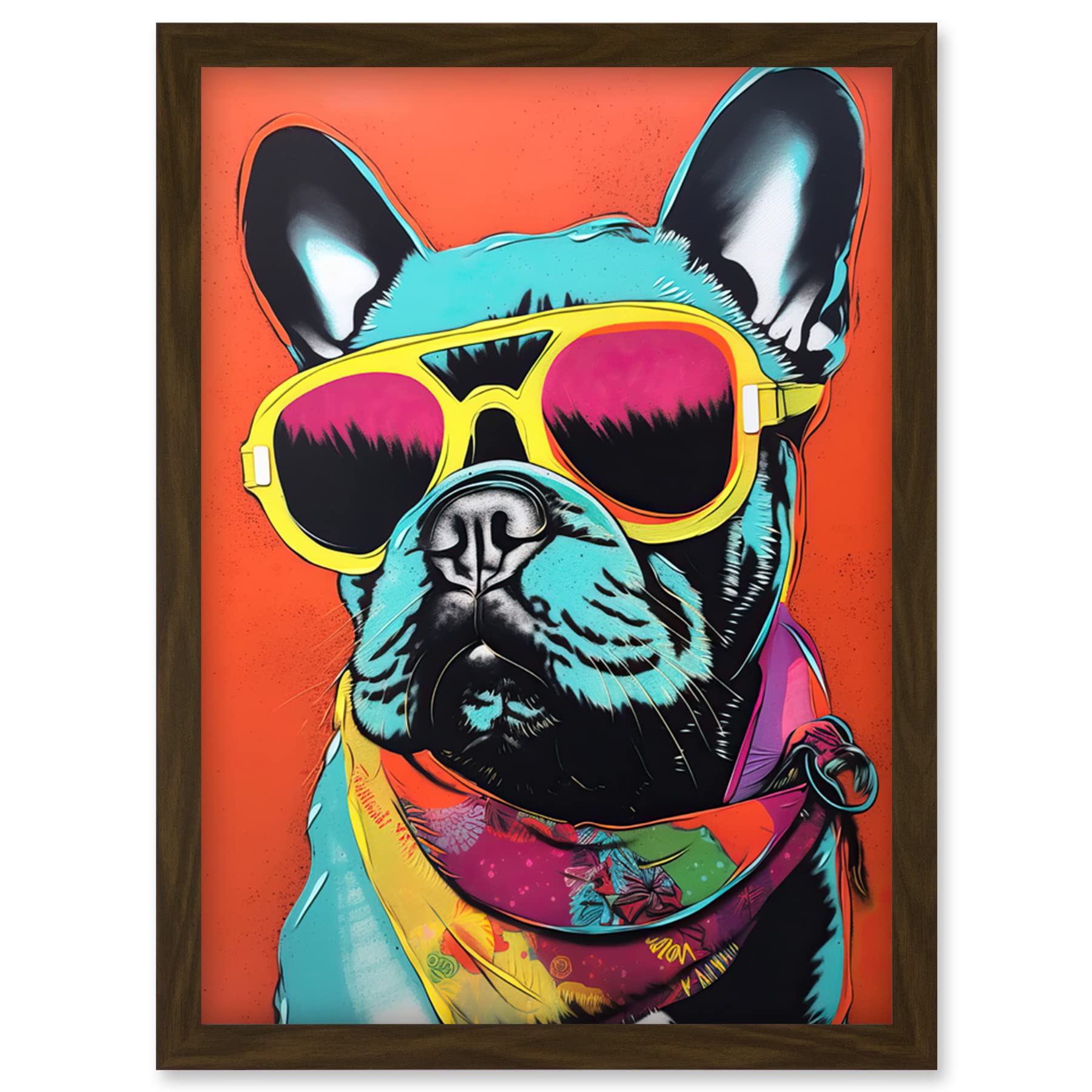 Artery8 French Bulldog Wearing Sunglasses and Bandana Artwork Framed Wall Art Print A4