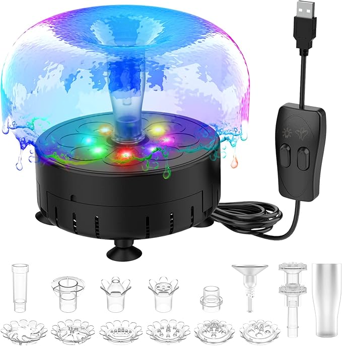 AISITIN 2.5W Fountain Pump with LED Light and Nozzles, DIY