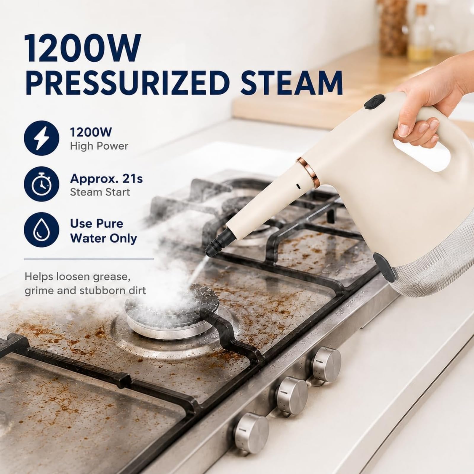 Limpiador a Vapor portátil a presión de 1200 W; Limpiador a Vapor Multiusos para Cocina, baño, Juntas de Azulejos, Suelos, Ventanas e Interiores de automóviles.