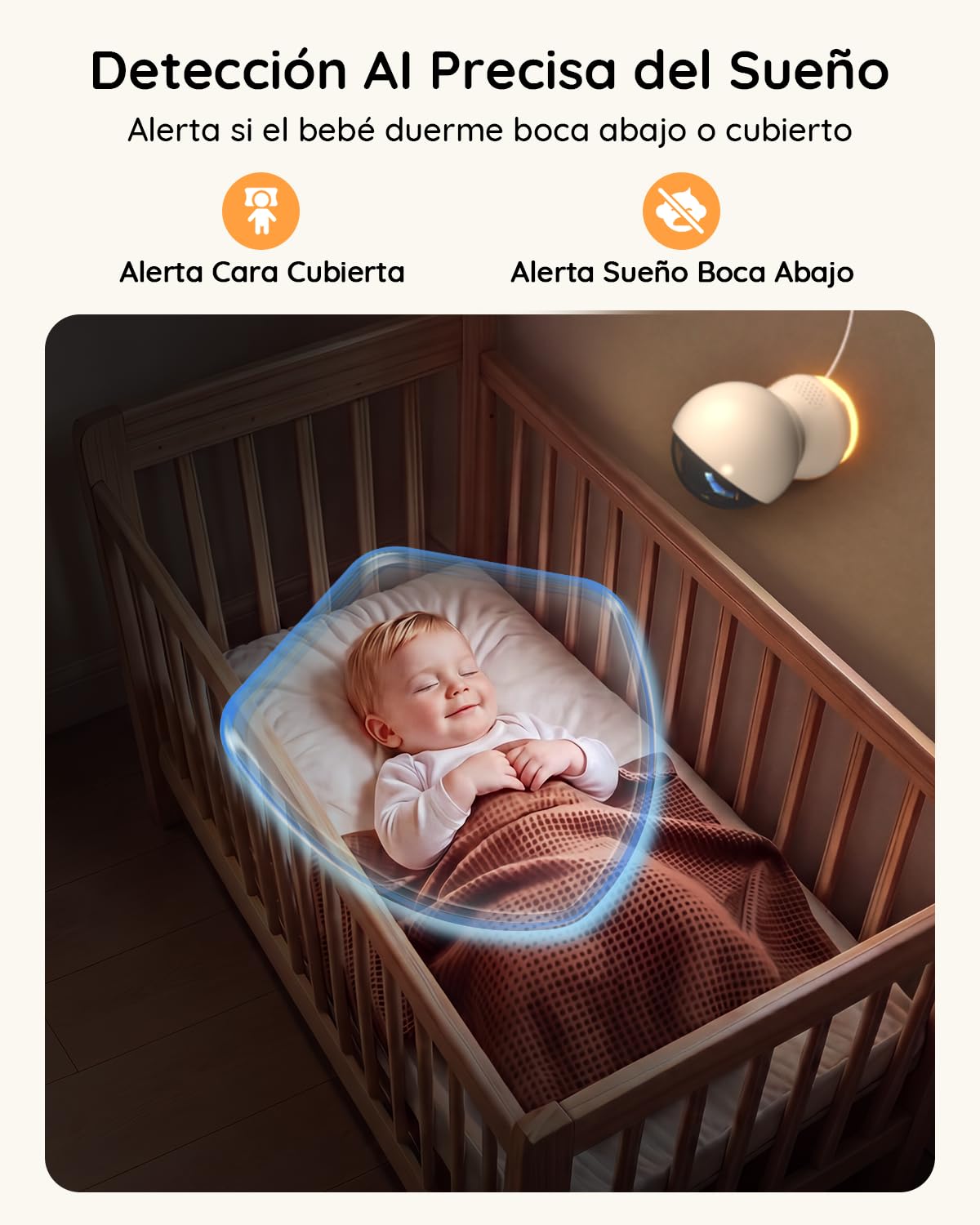 BOIFUN 5.5" Cámara Vigilancia Bebé con WiFi y App 2.5K/4MP, Visión Nocturna Invisible, IA Alerta de Cara Tapada y Sueño Seguro, Audio Bidireccional y Luz Nocturna Infantil, 360° Seguimiento Automático