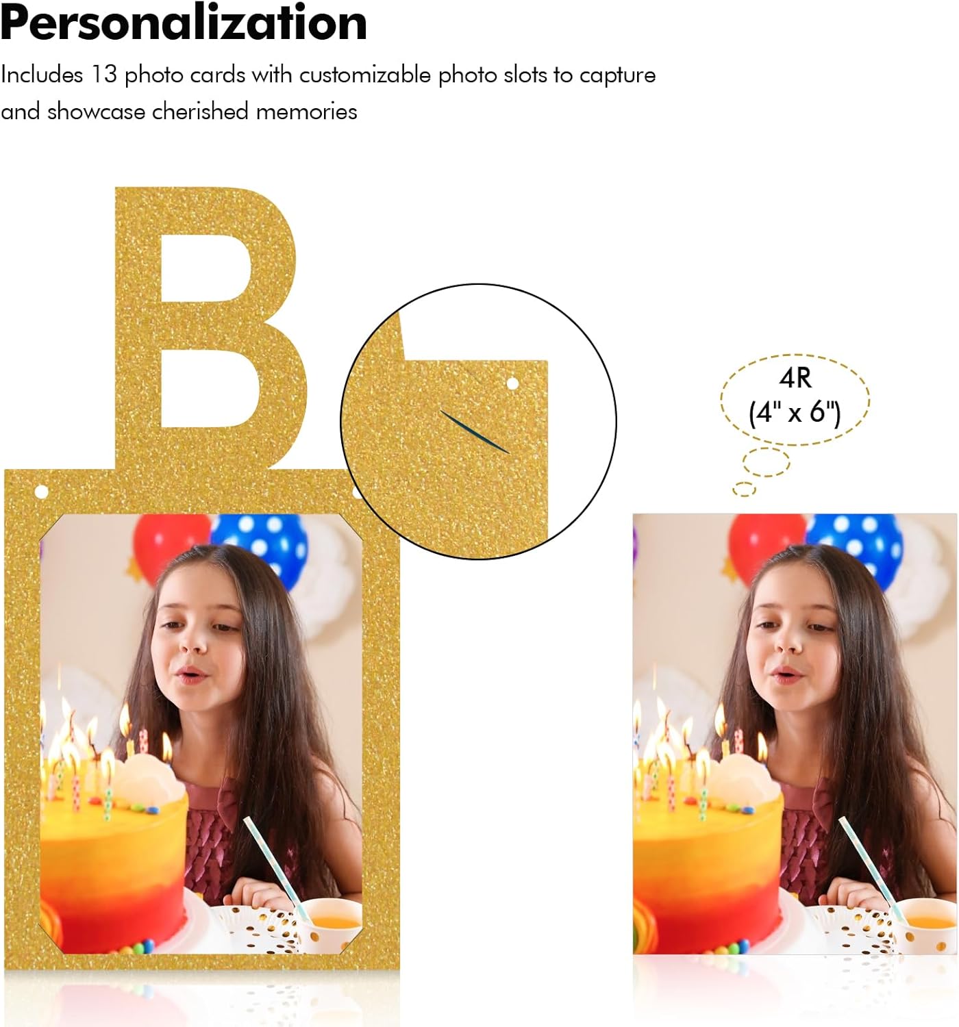 Birthday Photo Banner, Birthday Party Decorations with Rope and Plastic Pin, Happy Birthday Banner for Kids and Adults (Gold)