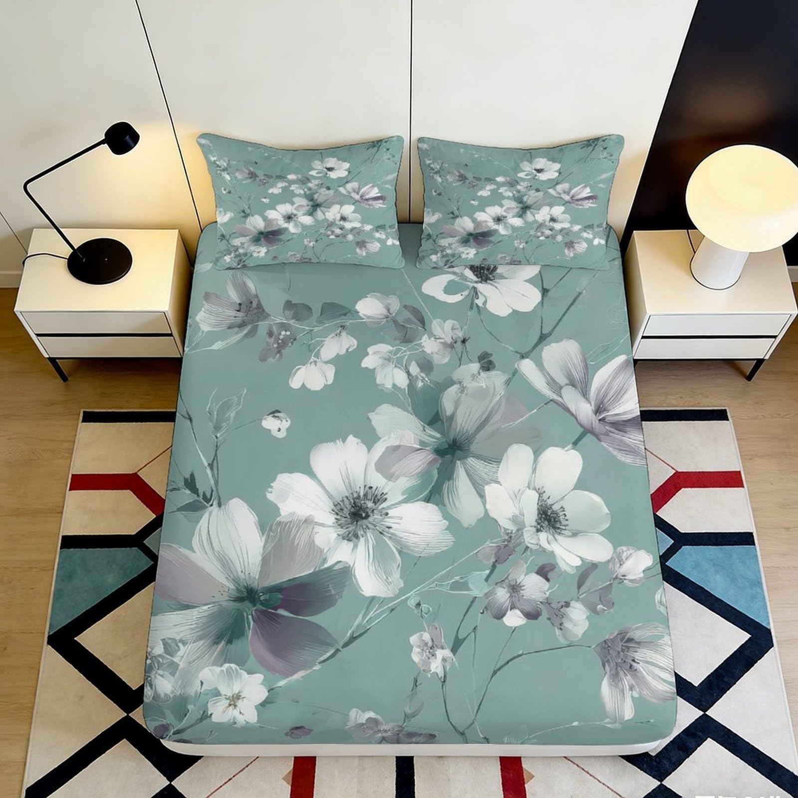 3D Printed Green Floral Fitted Sheet Microfiber Soft Botanical Blossom Bed Sheet Anti-Slip Machine Washable for Bedroom Guest Room 90x200x25cm