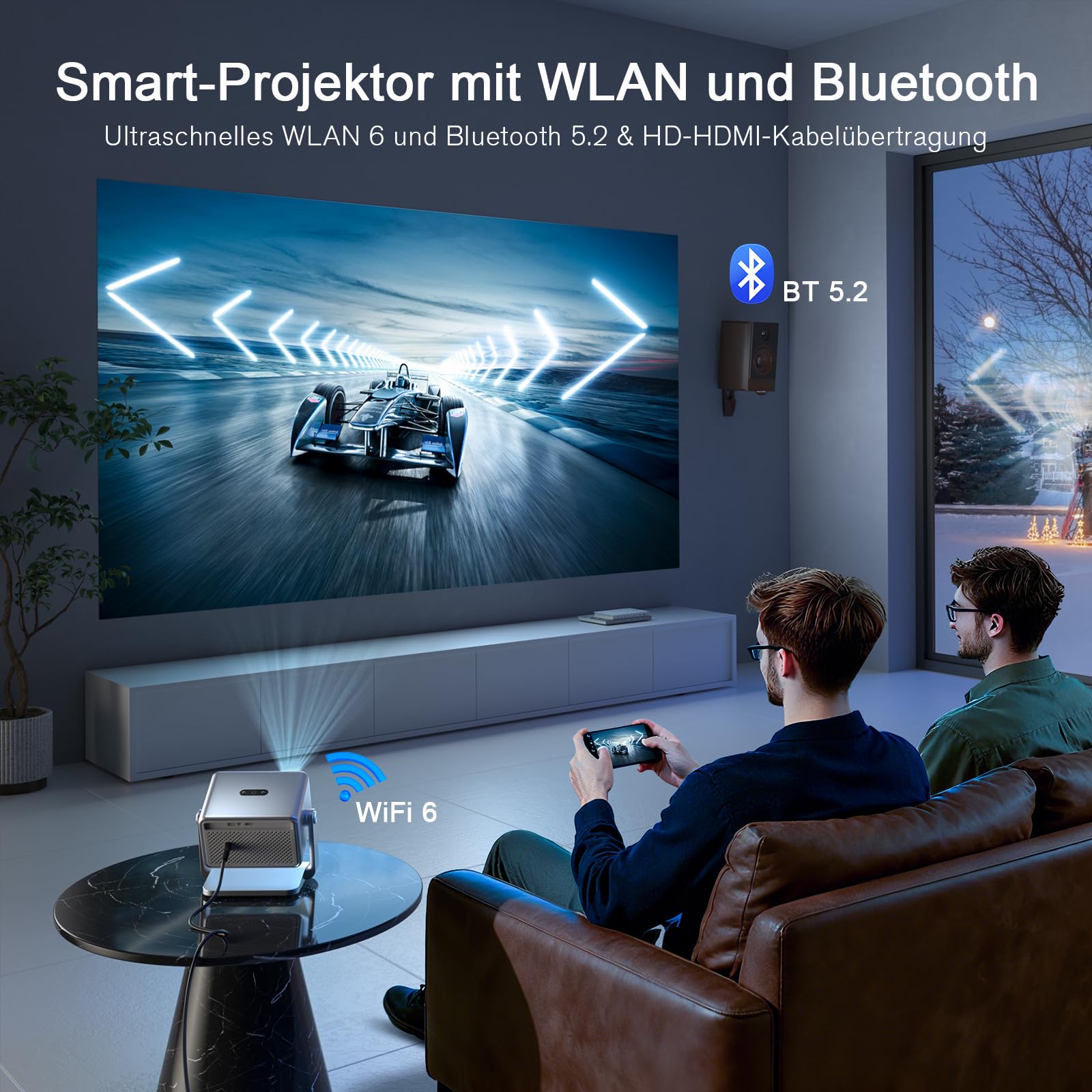 Smart Beamer 4K Heimkino [Netflix Ready & 30000L] VOPLLS Autofokus/Trapezkorrektur 3D Dolby Audio Handy Projektor, WiFi6 Bluetooth Full HD 1080P Beamer Outdoor für PC/Fußball & WM Filmabende