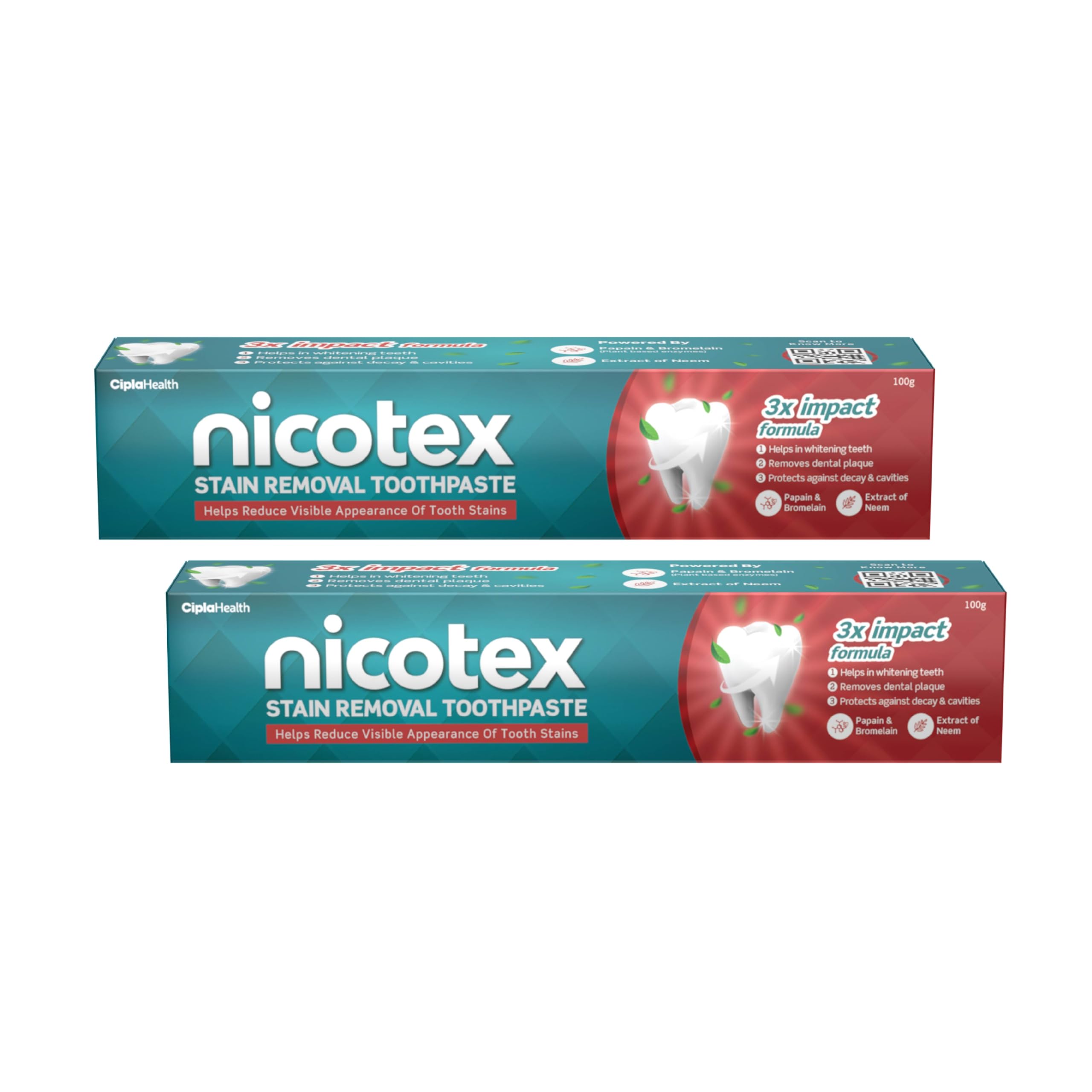 Nicotex Stain Removal Toothpaste | Teeth Whitening, Plaque Removal, Protection Against Decay And Cavities | Papain, Bromelain, Neem Extract, Meswak Extract | With Fluoride| 100G (Pack Of 2)