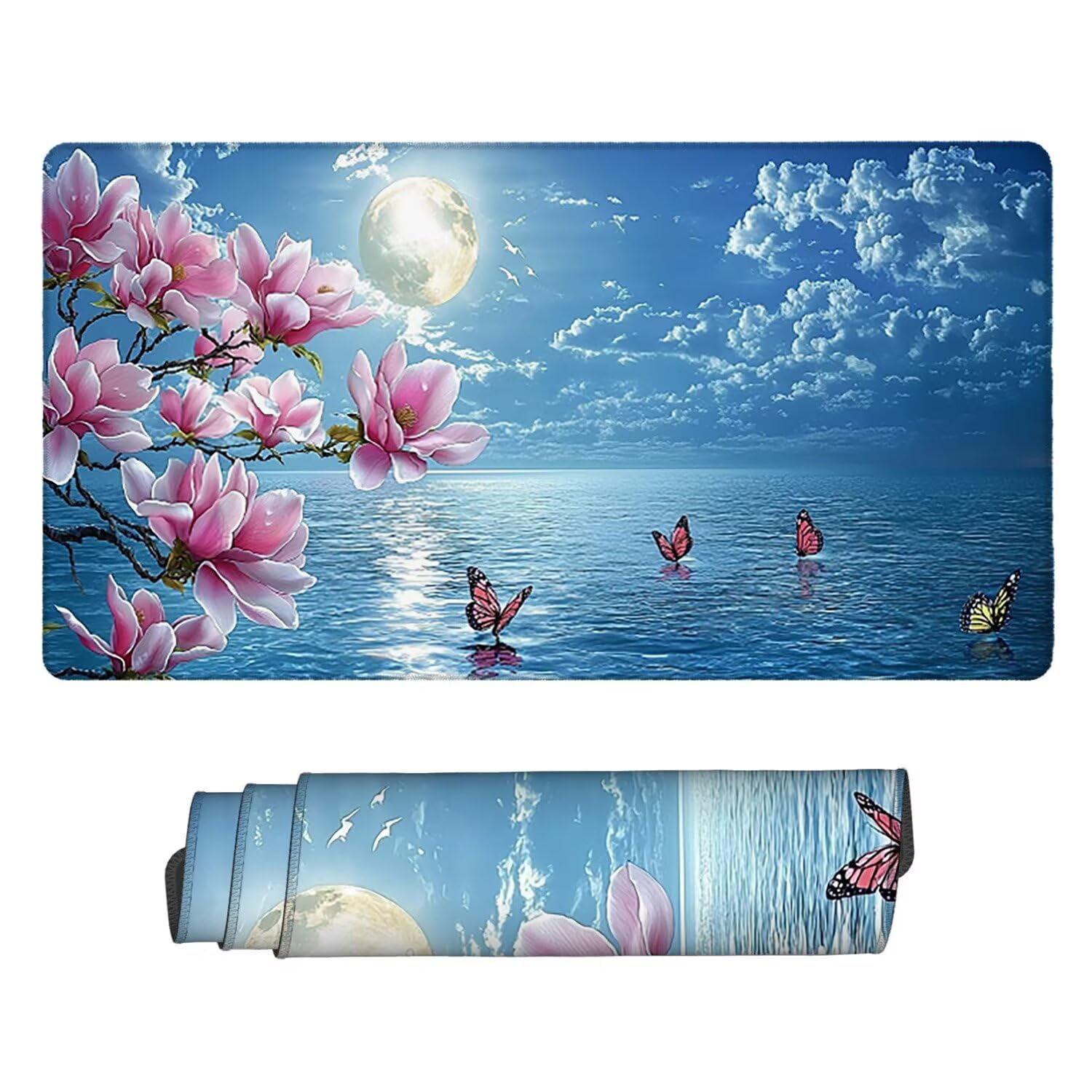 Duża podkładka pod mysz do gier Magnolia Morze Kwiaty Podkładka pod mysz XXL 1200 x 600 mm, zmywalna, neoprenowa podkładka pod mysz - z szytymi krawędziami, antypoślizgowa gumowa podstawa, akcesoria