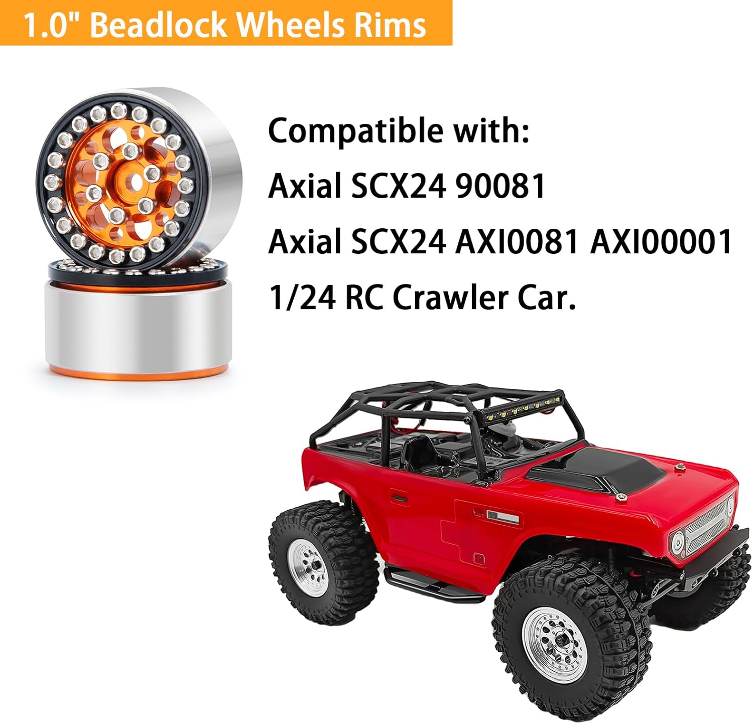 RC-Hub 4Pcs 1.0" Micro Beadlock Wheels Rims 28.5mm for 1/24 Axial SCX24 90081 RC Crawler Car (Orange+Black)