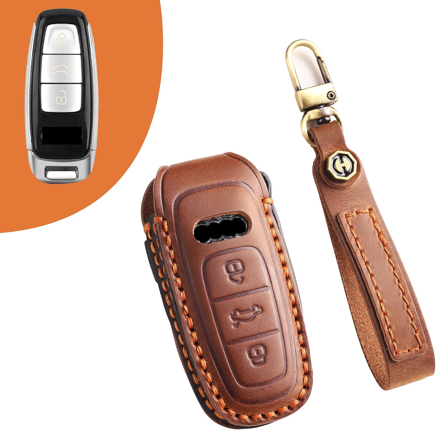 SANRILY Customized Keychain Leather Smart Key Fob Cover Fit for Audi A3 A6 A6L A7 A8 Q7 Q8 E-Tron S3 S6 S7 SQ7 RS6 RS7 Keyless Handmade Key Fob Shell Case Personalized Gifts Brown
