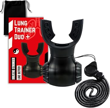 Lung Trainer Duo+ Pro Edition Dual Resistance Breathing Exerciser, Adjustable Respiratory Training Device for Athletes & Fitness, Portable & Easy to Clean with Neck Strap & Carry Pouch - Stealth Black