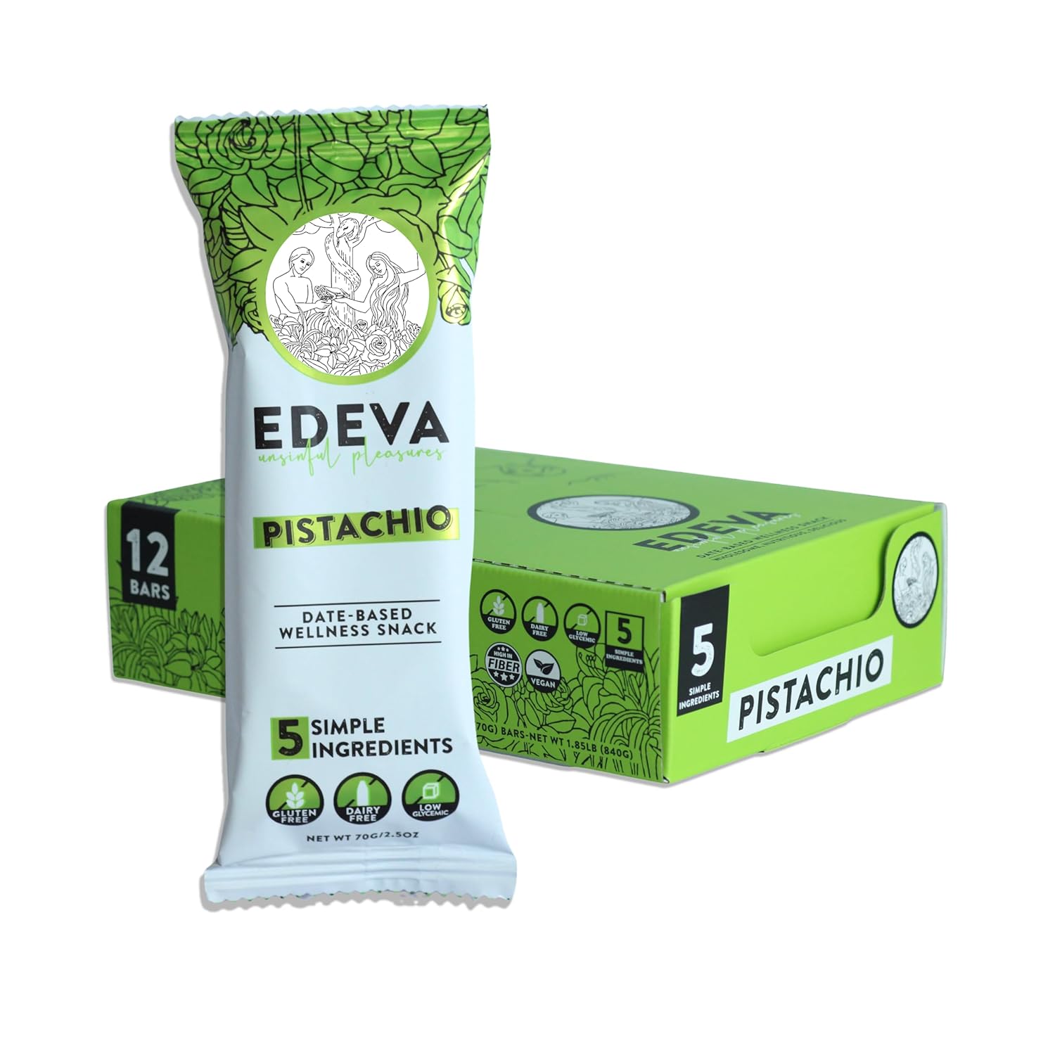 EDEVA Unsinful Pleasures Date Based Wellness Snack Barts, 2.5oz bar - 12 Count (Pistachio)