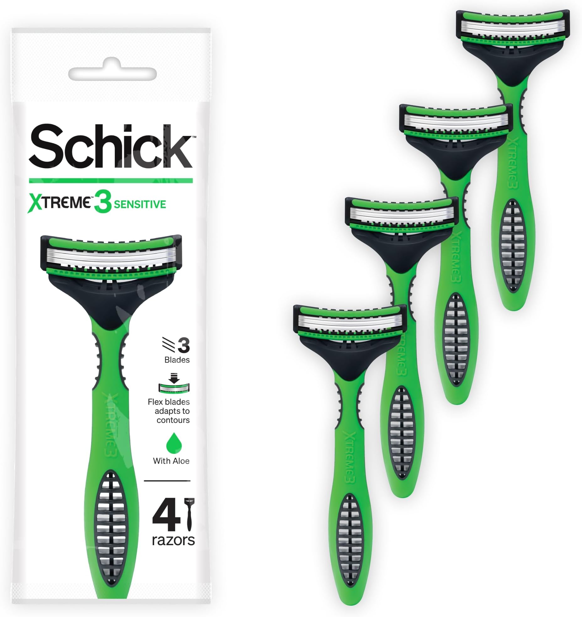 Xtreme3 Sensitive Triple Blade Disposable Razor for Men - Aloe Vera Enriched Strip, Flexible Pivoting Head, No-Slip Rubber Grip Handle, Easy Rinse, No Irritation Shave - 4 Razors