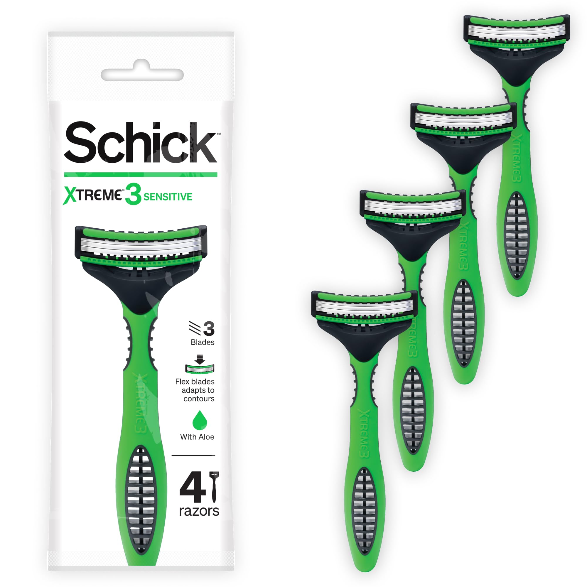 Schick Xtreme3 Sensitive Triple Blade Disposable Razor for Men - Aloe Vera Enriched Strip, Flexible Pivoting Head, No-Slip Rubber Grip Handle, Easy Rinse, No Irritation Shave - 4 Razors