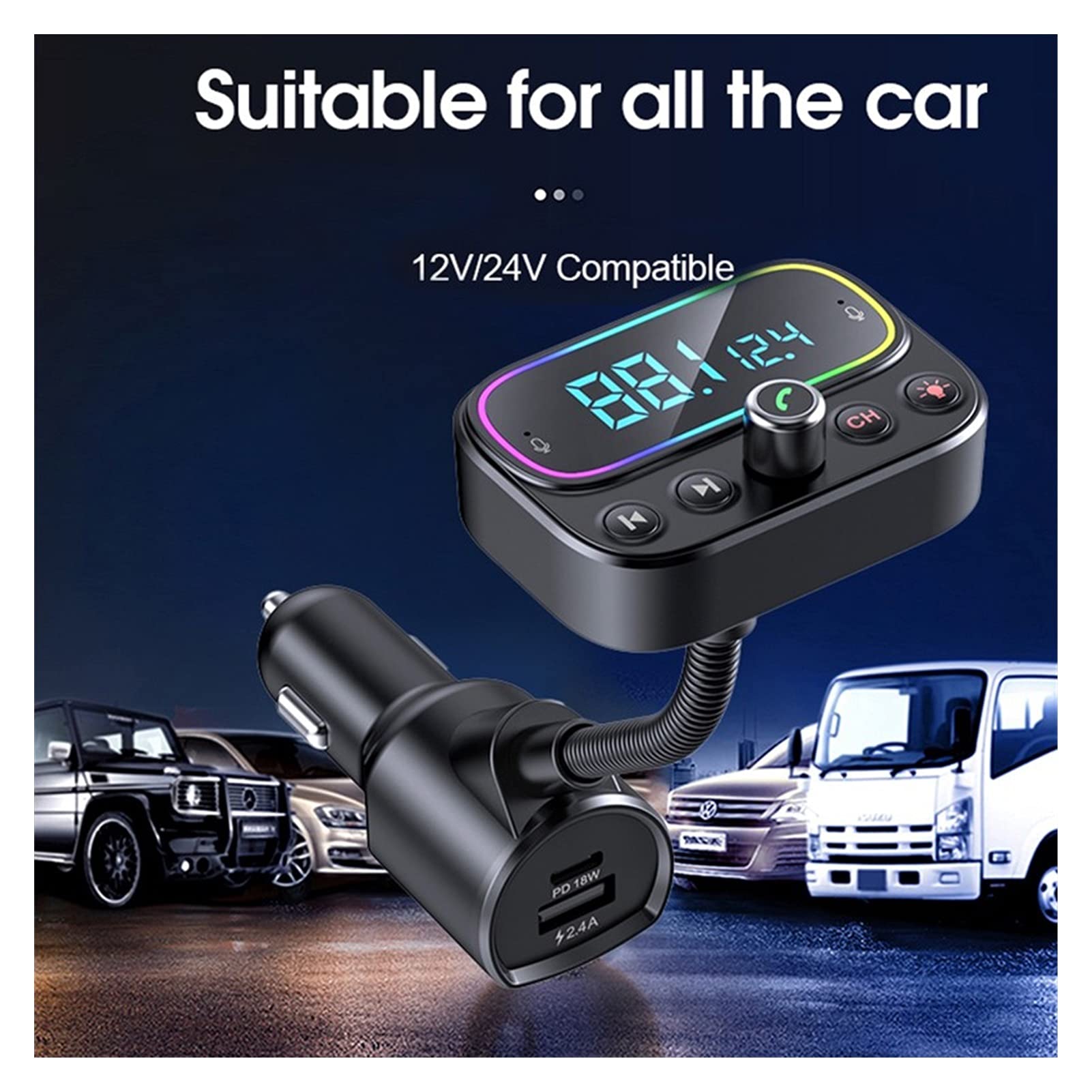 Adaptateur Audio Bluetooth Bluetooth 9 Couleur Rétro-éclairage Car Kit Mains Libres AUXILIAIRE Voiture récepteur Audio MP3 Joueur QC3.0 Accusation Rapide LCD Afficher FÉMININ Émetteur