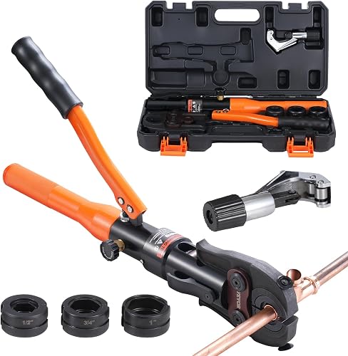VEVOR Copper Pipe Crimping Tool, Hydraulic Driven Press Tool with 1/2", 3/4", 1" VUS Jaws, Copper Tube Fittings Pipe Crimpers for Narrow Spaces and Tee Fittings | Hydraulic Driven, 360° Rotatable Head, with Pipe Cutter,