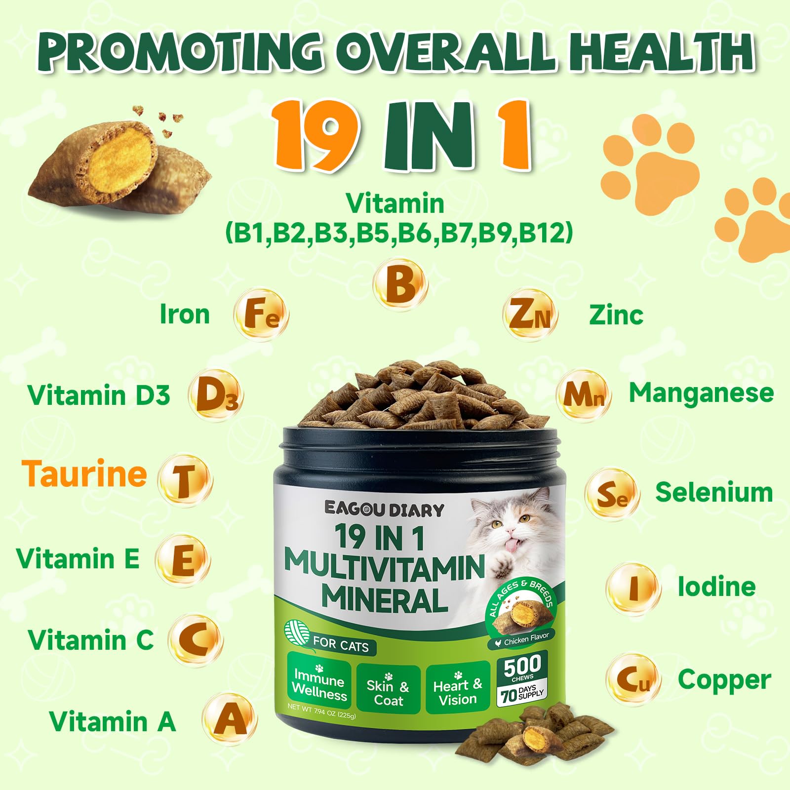 Taurina para Gatos Vitaminas - 500 Golosinas, 19 en 1 CardíAca & Visión Felina, Energía & Vitalidad, Inmune, Multivitamínico para Gatos Taurina, Minerales, Premios Vitaminados para Gato