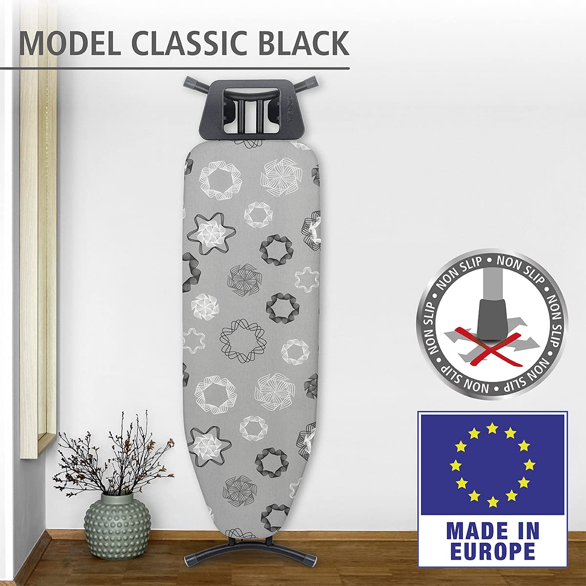 WENKO Bügeltisch Classic Black, Bügelbrett, dampfbügelgeeignet, mehrfach höhenverstellbar 73-90 cm, besonders standfest in Schwarz Ø 22/28 mm, Bügelfläche 120 x 38 cm, 8 mm Polsterung