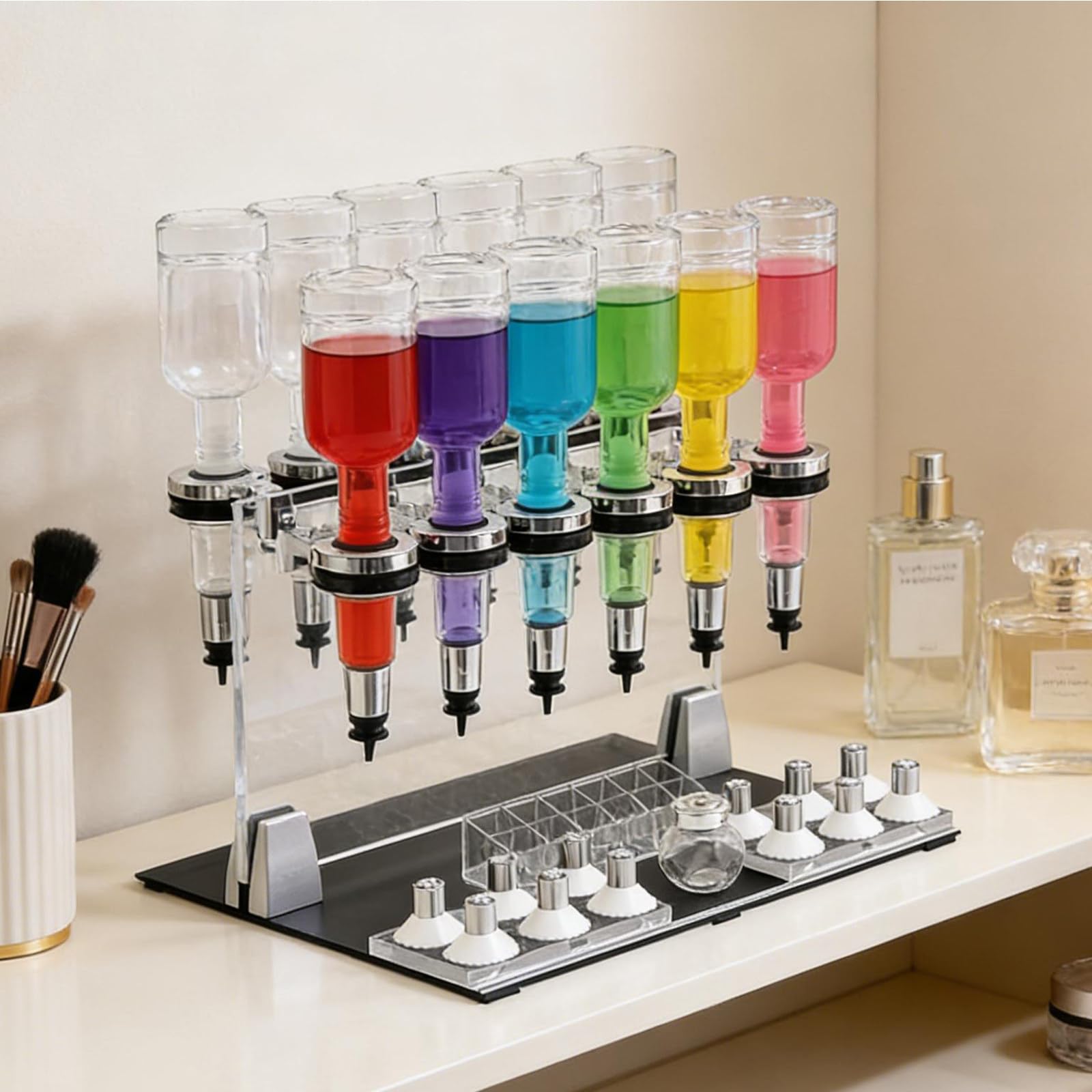 Macchina riempitrice di liquidi Flow, Set Dispenser Manuale di Profumo con flaconi in Vetro da 200 ml, testine di pompaggio e Bicchierini di Prova per profumerie, Negozi, Laboratori e Bar